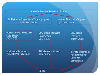 Catecholamine Resistant Shock
At Risk of adrenal insufficency – give
hydrocortisone
Not at Risk - don’t give
hydrocortisone
Normal Blood Pressure
Cold Shock
SVC < 70%
Low Blood Pressure
Cold Shock
SVC < 70%
Low Blood
Pressure
Warm Shock
Add vasodilator or
Type III PDE inhibitor
Titrate volume and
adrenaline
Titrate volume &
Noradrenaline
Consider
Vasopressin
ECMO
 