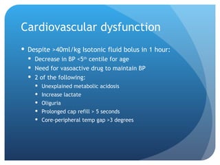 Cardiovascular dysfunction
 Despite >40ml/kg Isotonic fluid bolus in 1 hour:
 Decrease in BP <5th
centile for age
 Need for vasoactive drug to maintain BP
 2 of the following:
 Unexplained metabolic acidosis
 Increase lactate
 Oliguria
 Prolonged cap refill > 5 seconds
 Core-peripheral temp gap >3 degrees
 