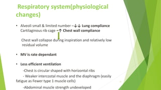 Respiratory system(physiological
changes)
• Alveoli small & limited number –↓↓ Lung compliance
Cartilaginous rib cage –↑ Chest wall compliance
Chest wall collapse during inspiration and relatively low
residual volume
• MV is rate dependant
• Less efficient ventilation
-Chest is circular shaped with horizontal ribs
- Weaker intercostal muscle and the diaphragm (easily
fatigue as Fewer type 1 muscle cells)
-Abdominal muscle strength undeveloped
11
 