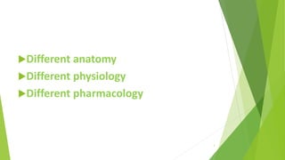 Different anatomy
Different physiology
Different pharmacology
3
 