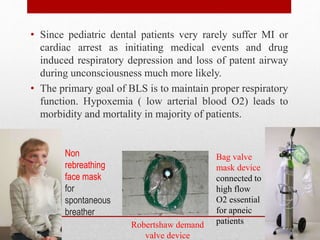 Non
rebreathing
face mask
for
spontaneous
breather
• Since pediatric dental patients very rarely suffer MI or
cardiac arrest as initiating medical events and drug
induced respiratory depression and loss of patent airway
during unconsciousness much more likely.
• The primary goal of BLS is to maintain proper respiratory
function. Hypoxemia ( low arterial blood O2) leads to
morbidity and mortality in majority of patients.
Bag valve
mask device
connected to
high flow
O2 essential
for apneic
patientsRobertshaw demand
valve device
 