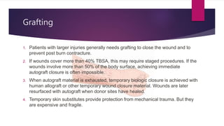 Grafting
1. Patients with larger injuries generally needs grafting to close the wound and to
prevent post burn contracture.
2. If wounds cover more than 40% TBSA, this may require staged procedures. If the
wounds involve more than 50% of the body surface, achieving immediate
autograft closure is often impossible.
3. When autograft material is exhausted, temporary biologic closure is achieved with
human allograft or other temporary wound closure material. Wounds are later
resurfaced with autograft when donor sites have healed.
4. Temporary skin substitutes provide protection from mechanical trauma. But they
are expensive and fragile.
 