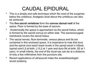 CAUDAL EPIDURAL
• This is a simple and safe technique which fits most of the surgeries
below the umbilicus. Analgesic level above the umbilicus can also
be achieved.
• The five sacral vertebrae form the convex dorsal roof of the
space. Floor is formed by the base of sacrum.
• Anatomically the space is approached via the sacral hiatus, which
is formed by the sacral cornua on either side. The sacrococcygeal
membrane covers the sacral hiatus.
• The sacral nerves, filum terminale, venous plexus and fat are
contained in this enclosed space. It is imperative to note that dura
and the spinal cord reach lower levels in the spinal canal in infants
(spinal cord L3 at birth, L1/L2 at 1 year and dura S4 at birth, S2 at 1
year). In small infants, the end of the dural sac can be at a distance
of only a few millimetres from the puncture site.
• Recent applications of ultrasound make the anaesthesiologist
revisit anatomy.
 