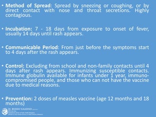 • Method of Spread: Spread by sneezing or coughing, or by
direct contact with nose and throat secretions. Highly
contagious.
• Incubation: 7 - 18 days from exposure to onset of fever,
usually 14 days until rash appears.
• Communicable Period: From just before the symptoms start
to 4 days after the rash appears.
• Control: Excluding from school and non-family contacts until 4
days after rash appears. Immunizing susceptible contacts.
Immune globulin available for infants under 1 year, immuno-
compromised people, and those who can not have the vaccine
due to medical reasons.
• Prevention: 2 doses of measles vaccine (age 12 months and 18
months)
 