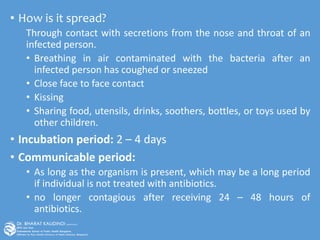 • How is it spread?
Through contact with secretions from the nose and throat of an
infected person.
• Breathing in air contaminated with the bacteria after an
infected person has coughed or sneezed
• Close face to face contact
• Kissing
• Sharing food, utensils, drinks, soothers, bottles, or toys used by
other children.
• Incubation period: 2 – 4 days
• Communicable period:
• As long as the organism is present, which may be a long period
if individual is not treated with antibiotics.
• no longer contagious after receiving 24 – 48 hours of
antibiotics.
 