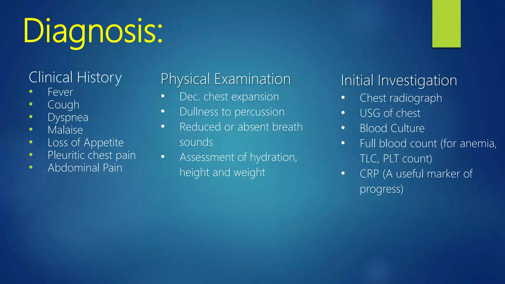 Diagnosis:
Clinical History
• Fever
• Cough
• Dyspnea
• Malaise
• Loss of Appetite
• Pleuritic chest pain
• Abdominal Pain
Physical Examination
• Dec. chest expansion
• Dullness to percussion
• Reduced or absent breath
sounds
• Assessment of hydration,
height and weight
Initial Investigation
• Chest radiograph
• USG of chest
• Blood Culture
• Full blood count (for anemia,
TLC, PLT count)
• CRP (A useful marker of
progress)
 