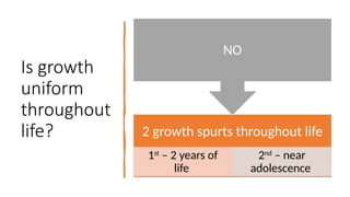 Is growth
uniform
throughout
life? 2 growth spurts throughout life
1st
– 2 years of
life
2nd
– near
adolescence
NO
 