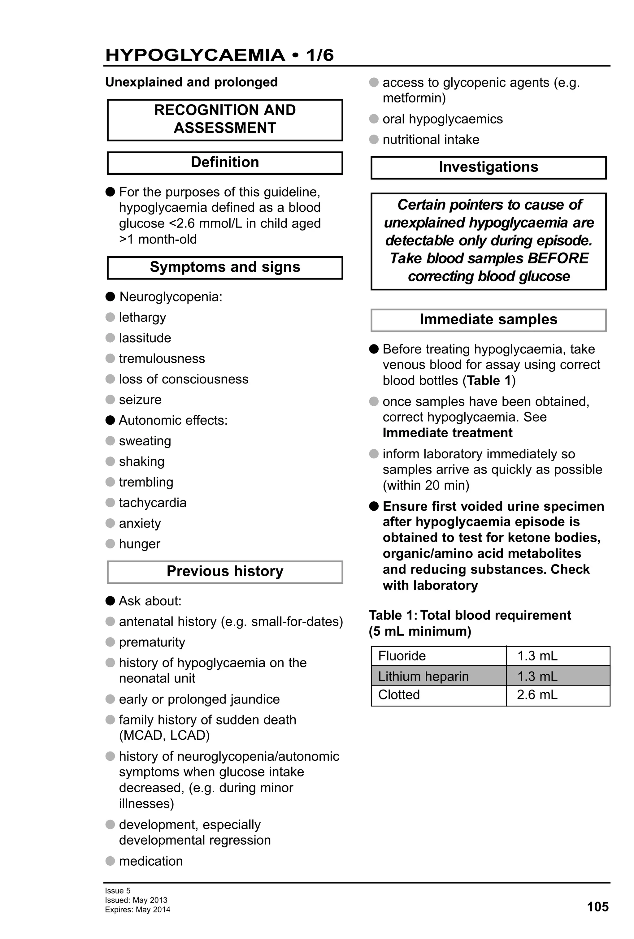 105
Issue 5
Issued: May 2013
Expires: May 2014
Unexplained and prolonged
G For the purposes of this guideline,
hypoglycaemia defined as a blood
glucose <2.6 mmol/L in child aged
>1 month-old
G Neuroglycopenia:
G lethargy
G lassitude
G tremulousness
G loss of consciousness
G seizure
G Autonomic effects:
G sweating
G shaking
G trembling
G tachycardia
G anxiety
G hunger
G Ask about:
G antenatal history (e.g. small-for-dates)
G prematurity
G history of hypoglycaemia on the
neonatal unit
G early or prolonged jaundice
G family history of sudden death
(MCAD, LCAD)
G history of neuroglycopenia/autonomic
symptoms when glucose intake
decreased, (e.g. during minor
illnesses)
G development, especially
developmental regression
G medication
G access to glycopenic agents (e.g.
metformin)
G oral hypoglycaemics
G nutritional intake
G Before treating hypoglycaemia, take
venous blood for assay using correct
blood bottles (Table 1)
G once samples have been obtained,
correct hypoglycaemia. See
Immediate treatment
G inform laboratory immediately so
samples arrive as quickly as possible
(within 20 min)
G Ensure first voided urine specimen
after hypoglycaemia episode is
obtained to test for ketone bodies,
organic/amino acid metabolites
and reducing substances. Check
with laboratory
Table 1: Total blood requirement
(5 mL minimum)
Immediate samples
Certain pointers to cause of
unexplained hypoglycaemia are
detectable only during episode.
Take blood samples BEFORE
correcting blood glucose
Investigations
Previous history
Symptoms and signs
Definition
RECOGNITION AND
ASSESSMENT
HYPOGLYCAEMIA • 1/6
Fluoride 1.3 mL
Lithium heparin 1.3 mL
Clotted 2.6 mL
 