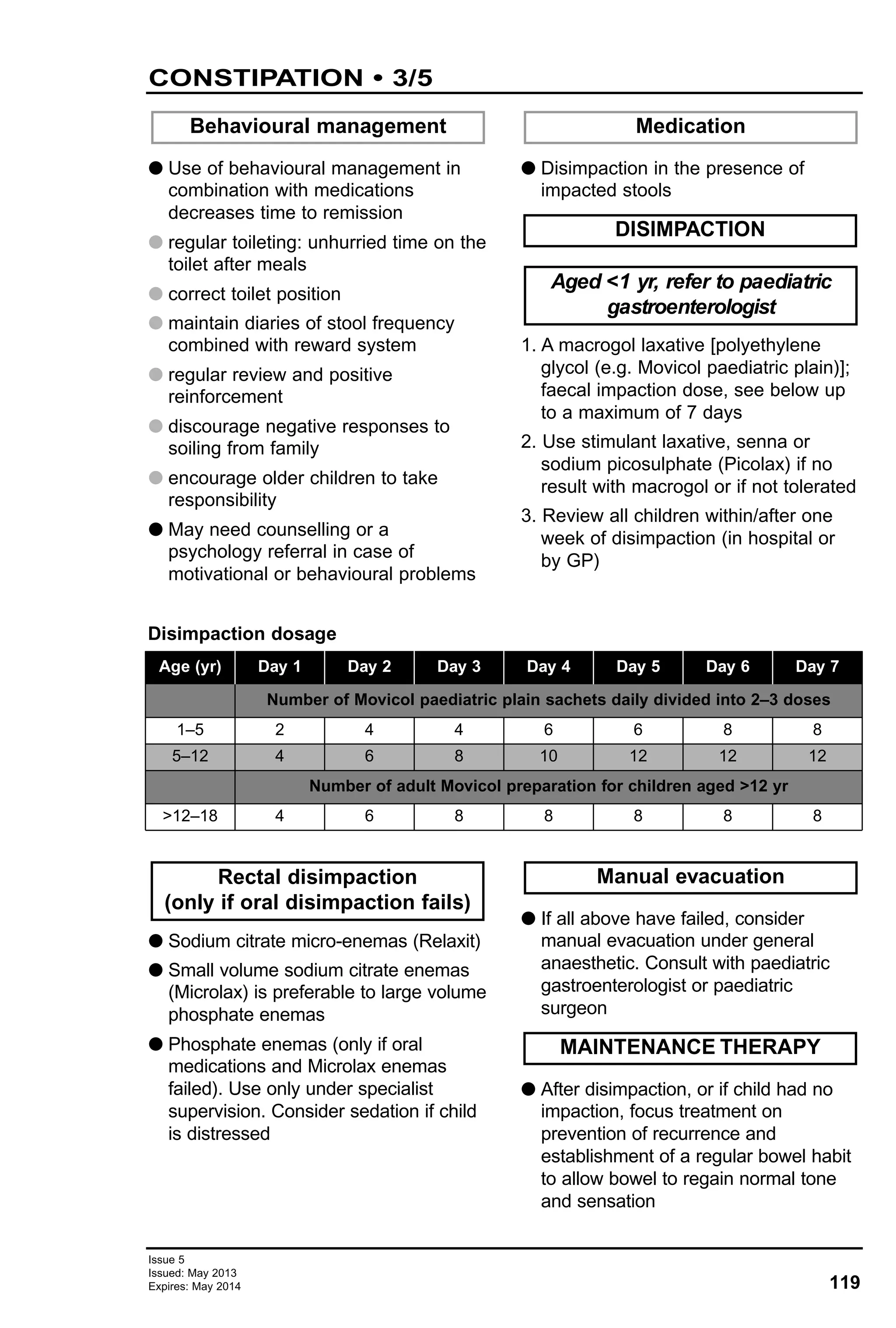 119
Issue 5
Issued: May 2013
Expires: May 2014
Disimpaction dosage
CONSTIPATION • 3/5
1–5
5–12
2
4
4
6
4
8
6
10
6
12
8
12
8
12
>12–18 4 6 8 8 8 8 8
G Use of behavioural management in
combination with medications
decreases time to remission
G regular toileting: unhurried time on the
toilet after meals
G correct toilet position
G maintain diaries of stool frequency
combined with reward system
G regular review and positive
reinforcement
G discourage negative responses to
soiling from family
G encourage older children to take
responsibility
G May need counselling or a
psychology referral in case of
motivational or behavioural problems
G Disimpaction in the presence of
impacted stools
1. A macrogol laxative [polyethylene
glycol (e.g. Movicol paediatric plain)];
faecal impaction dose, see below up
to a maximum of 7 days
2. Use stimulant laxative, senna or
sodium picosulphate (Picolax) if no
result with macrogol or if not tolerated
3. Review all children within/after one
week of disimpaction (in hospital or
by GP)
Behavioural management Medication
DISIMPACTION
Aged <1 yr, refer to paediatric
gastroenterologist
G Sodium citrate micro-enemas (Relaxit)
G Small volume sodium citrate enemas
(Microlax) is preferable to large volume
phosphate enemas
G Phosphate enemas (only if oral
medications and Microlax enemas
failed). Use only under specialist
supervision. Consider sedation if child
is distressed
G If all above have failed, consider
manual evacuation under general
anaesthetic. Consult with paediatric
gastroenterologist or paediatric
surgeon
G After disimpaction, or if child had no
impaction, focus treatment on
prevention of recurrence and
establishment of a regular bowel habit
to allow bowel to regain normal tone
and sensation
MAINTENANCE THERAPY
Rectal disimpaction
(only if oral disimpaction fails)
Manual evacuation
Age (yr) Day 1 Day 2 Day 3 Day 4 Day 5 Day 6 Day 7
Number of Movicol paediatric plain sachets daily divided into 2–3 doses
Number of adult Movicol preparation for children aged >12 yr
 