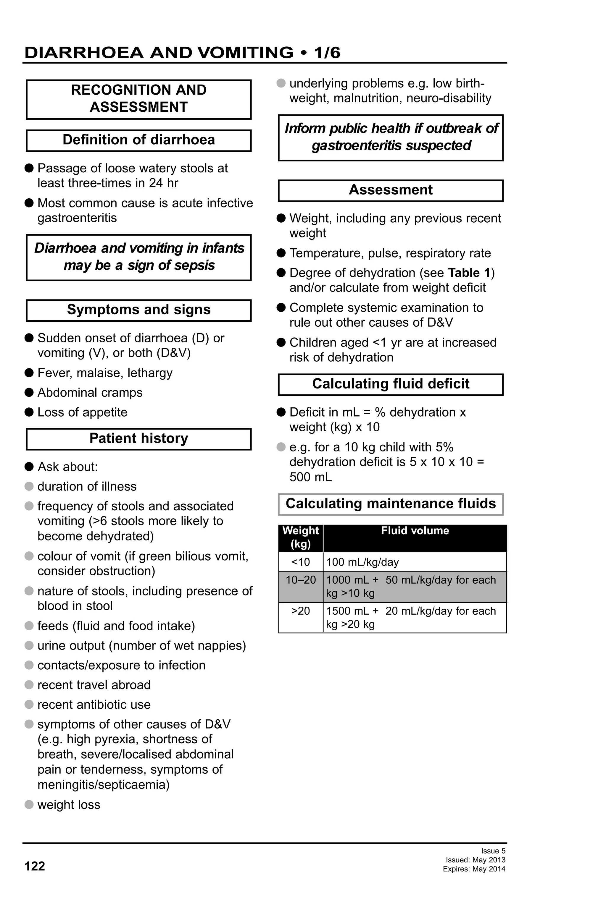 G Passage of loose watery stools at
least three-times in 24 hr
G Most common cause is acute infective
gastroenteritis
G Sudden onset of diarrhoea (D) or
vomiting (V), or both (D&V)
G Fever, malaise, lethargy
G Abdominal cramps
G Loss of appetite
G Ask about:
G duration of illness
G frequency of stools and associated
vomiting (>6 stools more likely to
become dehydrated)
G colour of vomit (if green bilious vomit,
consider obstruction)
G nature of stools, including presence of
blood in stool
G feeds (fluid and food intake)
G urine output (number of wet nappies)
G contacts/exposure to infection
G recent travel abroad
G recent antibiotic use
G symptoms of other causes of D&V
(e.g. high pyrexia, shortness of
breath, severe/localised abdominal
pain or tenderness, symptoms of
meningitis/septicaemia)
G weight loss
G underlying problems e.g. low birth-
weight, malnutrition, neuro-disability
G Weight, including any previous recent
weight
G Temperature, pulse, respiratory rate
G Degree of dehydration (see Table 1)
and/or calculate from weight deficit
G Complete systemic examination to
rule out other causes of D&V
G Children aged <1 yr are at increased
risk of dehydration
G Deficit in mL = % dehydration x
weight (kg) x 10
G e.g. for a 10 kg child with 5%
dehydration deficit is 5 x 10 x 10 =
500 mL
Calculating maintenance fluids
Calculating fluid deficit
Inform public health if outbreak of
gastroenteritis suspected
Assessment
Patient history
Symptoms and signs
Diarrhoea and vomiting in infants
may be a sign of sepsis
Definition of diarrhoea
RECOGNITION AND
ASSESSMENT
122
Issue 5
Issued: May 2013
Expires: May 2014
DIARRHOEA AND VOMITING • 1/6
<10
10–20
>20
100 mL/kg/day
1000 mL + 50 mL/kg/day for each
kg >10 kg
1500 mL + 20 mL/kg/day for each
kg >20 kg
Weight
(kg)
Fluid volume
 