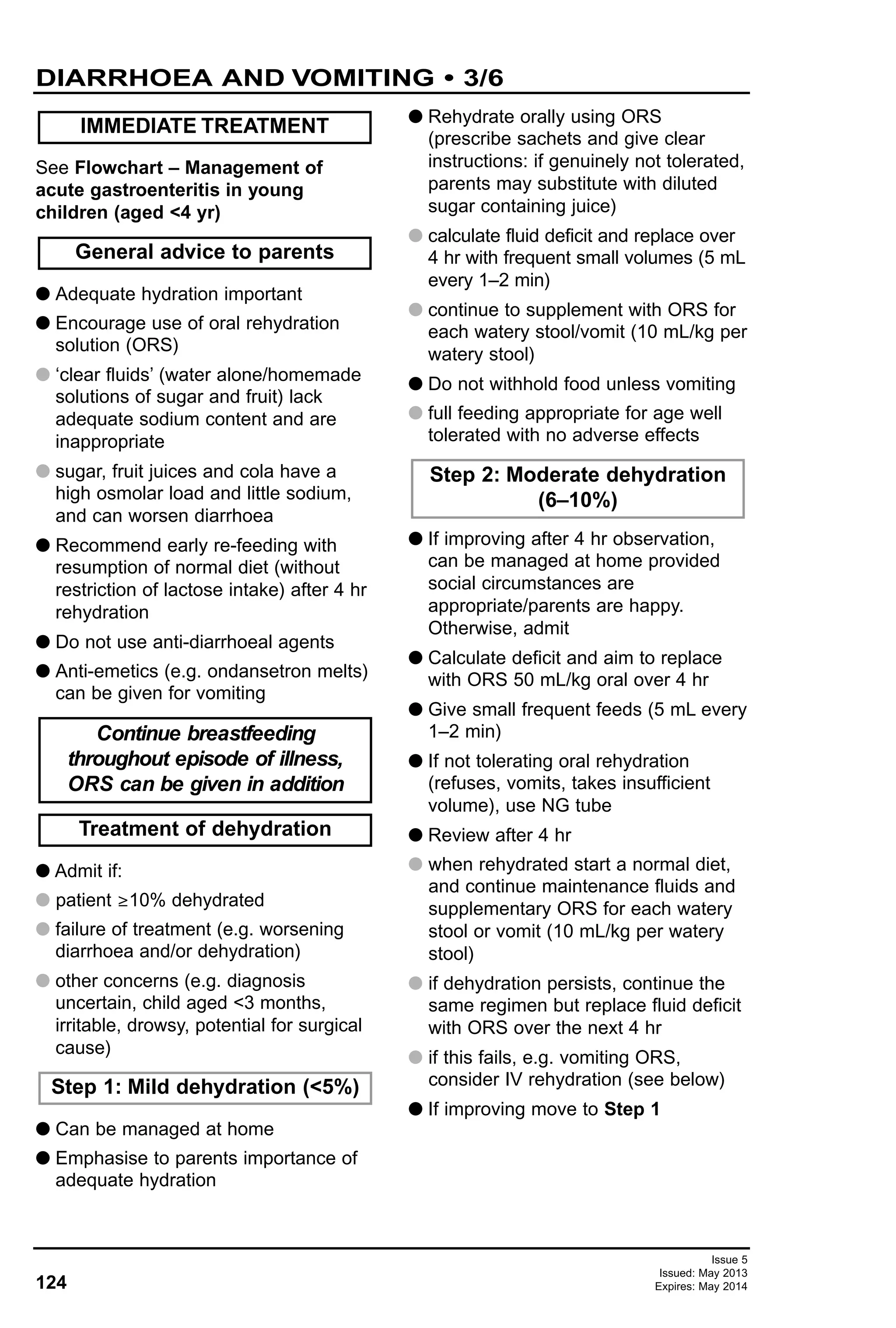 See Flowchart – Management of
acute gastroenteritis in young
children (aged <4 yr)
G Adequate hydration important
G Encourage use of oral rehydration
solution (ORS)
G ‘clear fluids’ (water alone/homemade
solutions of sugar and fruit) lack
adequate sodium content and are
inappropriate
G sugar, fruit juices and cola have a
high osmolar load and little sodium,
and can worsen diarrhoea
G Recommend early re-feeding with
resumption of normal diet (without
restriction of lactose intake) after 4 hr
rehydration
G Do not use anti-diarrhoeal agents
G Anti-emetics (e.g. ondansetron melts)
can be given for vomiting
G Admit if:
G patient ≥10% dehydrated
G failure of treatment (e.g. worsening
diarrhoea and/or dehydration)
G other concerns (e.g. diagnosis
uncertain, child aged <3 months,
irritable, drowsy, potential for surgical
cause)
G Can be managed at home
G Emphasise to parents importance of
adequate hydration
G Rehydrate orally using ORS
(prescribe sachets and give clear
instructions: if genuinely not tolerated,
parents may substitute with diluted
sugar containing juice)
G calculate fluid deficit and replace over
4 hr with frequent small volumes (5 mL
every 1–2 min)
G continue to supplement with ORS for
each watery stool/vomit (10 mL/kg per
watery stool)
G Do not withhold food unless vomiting
G full feeding appropriate for age well
tolerated with no adverse effects
G If improving after 4 hr observation,
can be managed at home provided
social circumstances are
appropriate/parents are happy.
Otherwise, admit
G Calculate deficit and aim to replace
with ORS 50 mL/kg oral over 4 hr
G Give small frequent feeds (5 mL every
1–2 min)
G If not tolerating oral rehydration
(refuses, vomits, takes insufficient
volume), use NG tube
G Review after 4 hr
G when rehydrated start a normal diet,
and continue maintenance fluids and
supplementary ORS for each watery
stool or vomit (10 mL/kg per watery
stool)
G if dehydration persists, continue the
same regimen but replace fluid deficit
with ORS over the next 4 hr
G if this fails, e.g. vomiting ORS,
consider IV rehydration (see below)
G If improving move to Step 1
General advice to parents
IMMEDIATE TREATMENT
Step 2: Moderate dehydration
(6–10%)
Step 1: Mild dehydration (<5%)
Treatment of dehydration
Continue breastfeeding
throughout episode of illness,
ORS can be given in addition
124
Issue 5
Issued: May 2013
Expires: May 2014
DIARRHOEA AND VOMITING • 3/6
 