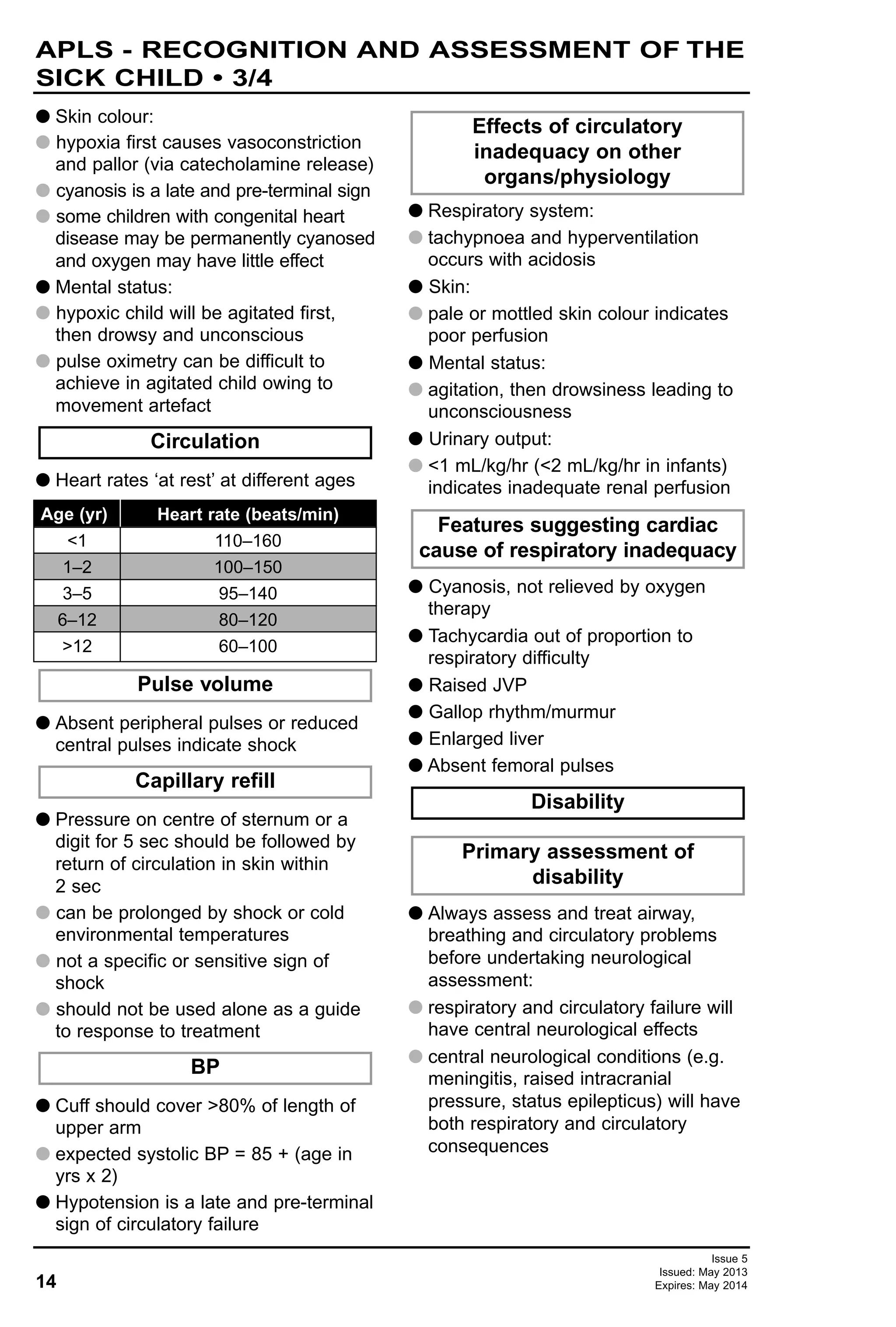 G Skin colour:
G hypoxia first causes vasoconstriction
and pallor (via catecholamine release)
G cyanosis is a late and pre-terminal sign
G some children with congenital heart
disease may be permanently cyanosed
and oxygen may have little effect
G Mental status:
G hypoxic child will be agitated first,
then drowsy and unconscious
G pulse oximetry can be difficult to
achieve in agitated child owing to
movement artefact
G Heart rates ‘at rest’ at different ages
G Absent peripheral pulses or reduced
central pulses indicate shock
G Pressure on centre of sternum or a
digit for 5 sec should be followed by
return of circulation in skin within
2 sec
G can be prolonged by shock or cold
environmental temperatures
G not a specific or sensitive sign of
shock
G should not be used alone as a guide
to response to treatment
G Cuff should cover >80% of length of
upper arm
G expected systolic BP = 85 + (age in
yrs x 2)
G Hypotension is a late and pre-terminal
sign of circulatory failure
G Respiratory system:
G tachypnoea and hyperventilation
occurs with acidosis
G Skin:
G pale or mottled skin colour indicates
poor perfusion
G Mental status:
G agitation, then drowsiness leading to
unconsciousness
G Urinary output:
G <1 mL/kg/hr (<2 mL/kg/hr in infants)
indicates inadequate renal perfusion
G Cyanosis, not relieved by oxygen
therapy
G Tachycardia out of proportion to
respiratory difficulty
G Raised JVP
G Gallop rhythm/murmur
G Enlarged liver
G Absent femoral pulses
G Always assess and treat airway,
breathing and circulatory problems
before undertaking neurological
assessment:
G respiratory and circulatory failure will
have central neurological effects
G central neurological conditions (e.g.
meningitis, raised intracranial
pressure, status epilepticus) will have
both respiratory and circulatory
consequences
Primary assessment of
disability
Disability
Features suggesting cardiac
cause of respiratory inadequacy
Effects of circulatory
inadequacy on other
organs/physiology
BP
Capillary refill
Pulse volume
Circulation
14
APLS - RECOGNITION AND ASSESSMENT OF THE
SICK CHILD • 3/4
Issue 5
Issued: May 2013
Expires: May 2014
Heart rate (beats/min)
110–160
100–150
95–140
80–120
60–100
Age (yr)
<1
1–2
3–5
6–12
>12
 