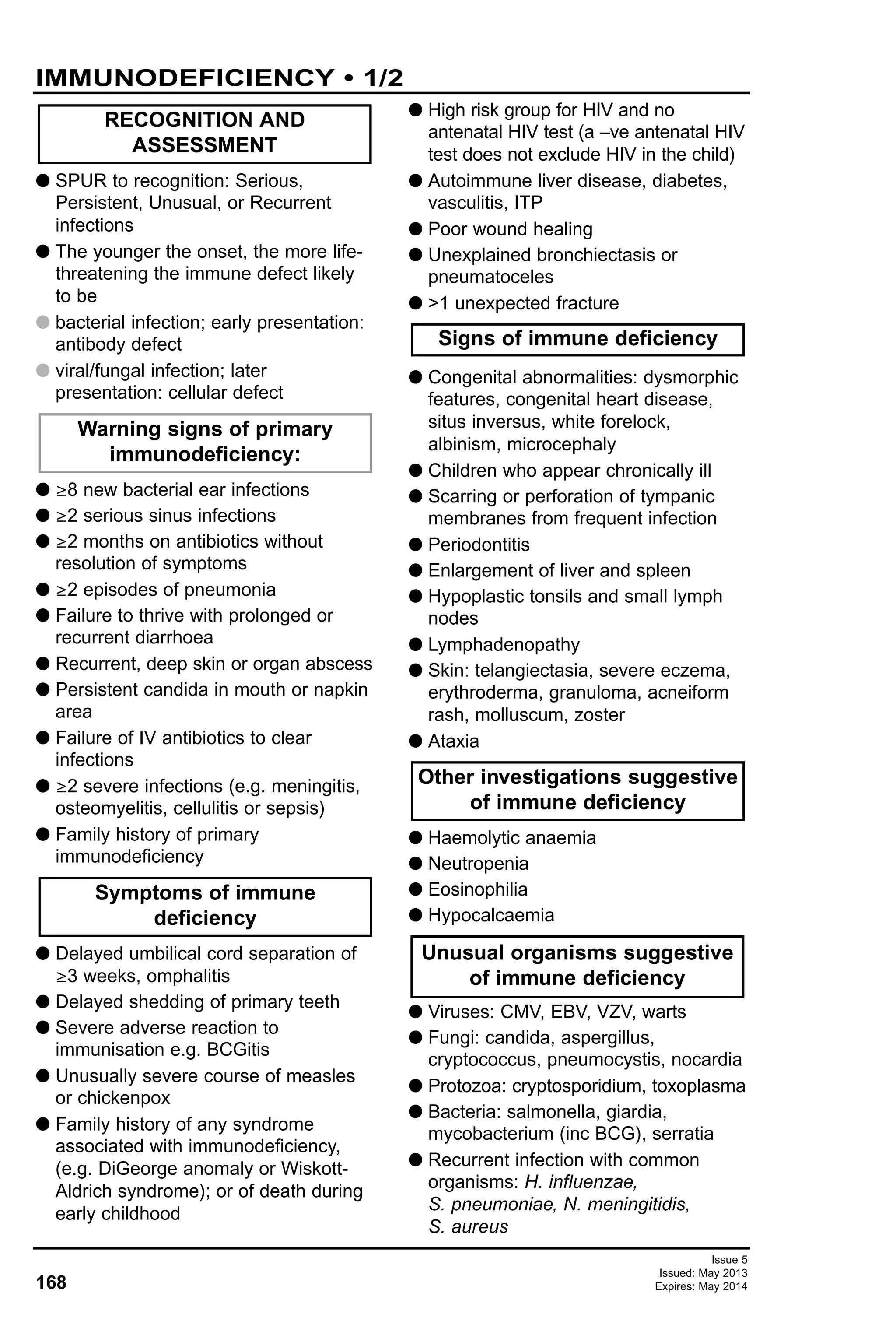 Issue 5
Issued: May 2013
Expires: May 2014168
IMMUNODEFICIENCY • 1/2
G SPUR to recognition: Serious,
Persistent, Unusual, or Recurrent
infections
G The younger the onset, the more life-
threatening the immune defect likely
to be
G bacterial infection; early presentation:
antibody defect
G viral/fungal infection; later
presentation: cellular defect
G ≥8 new bacterial ear infections
G ≥2 serious sinus infections
G ≥2 months on antibiotics without
resolution of symptoms
G ≥2 episodes of pneumonia
G Failure to thrive with prolonged or
recurrent diarrhoea
G Recurrent, deep skin or organ abscess
G Persistent candida in mouth or napkin
area
G Failure of IV antibiotics to clear
infections
G ≥2 severe infections (e.g. meningitis,
osteomyelitis, cellulitis or sepsis)
G Family history of primary
immunodeficiency
G Delayed umbilical cord separation of
≥3 weeks, omphalitis
G Delayed shedding of primary teeth
G Severe adverse reaction to
immunisation e.g. BCGitis
G Unusually severe course of measles
or chickenpox
G Family history of any syndrome
associated with immunodeficiency,
(e.g. DiGeorge anomaly or Wiskott-
Aldrich syndrome); or of death during
early childhood
G High risk group for HIV and no
antenatal HIV test (a –ve antenatal HIV
test does not exclude HIV in the child)
G Autoimmune liver disease, diabetes,
vasculitis, ITP
G Poor wound healing
G Unexplained bronchiectasis or
pneumatoceles
G >1 unexpected fracture
G Congenital abnormalities: dysmorphic
features, congenital heart disease,
situs inversus, white forelock,
albinism, microcephaly
G Children who appear chronically ill
G Scarring or perforation of tympanic
membranes from frequent infection
G Periodontitis
G Enlargement of liver and spleen
G Hypoplastic tonsils and small lymph
nodes
G Lymphadenopathy
G Skin: telangiectasia, severe eczema,
erythroderma, granuloma, acneiform
rash, molluscum, zoster
G Ataxia
G Haemolytic anaemia
G Neutropenia
G Eosinophilia
G Hypocalcaemia
G Viruses: CMV, EBV, VZV, warts
G Fungi: candida, aspergillus,
cryptococcus, pneumocystis, nocardia
G Protozoa: cryptosporidium, toxoplasma
G Bacteria: salmonella, giardia,
mycobacterium (inc BCG), serratia
G Recurrent infection with common
organisms: H. influenzae,
S. pneumoniae, N. meningitidis,
S. aureus
Unusual organisms suggestive
of immune deficiency
Other investigations suggestive
of immune deficiency
Signs of immune deficiency
Symptoms of immune
deficiency
Warning signs of primary
immunodeficiency:
RECOGNITION AND
ASSESSMENT
 