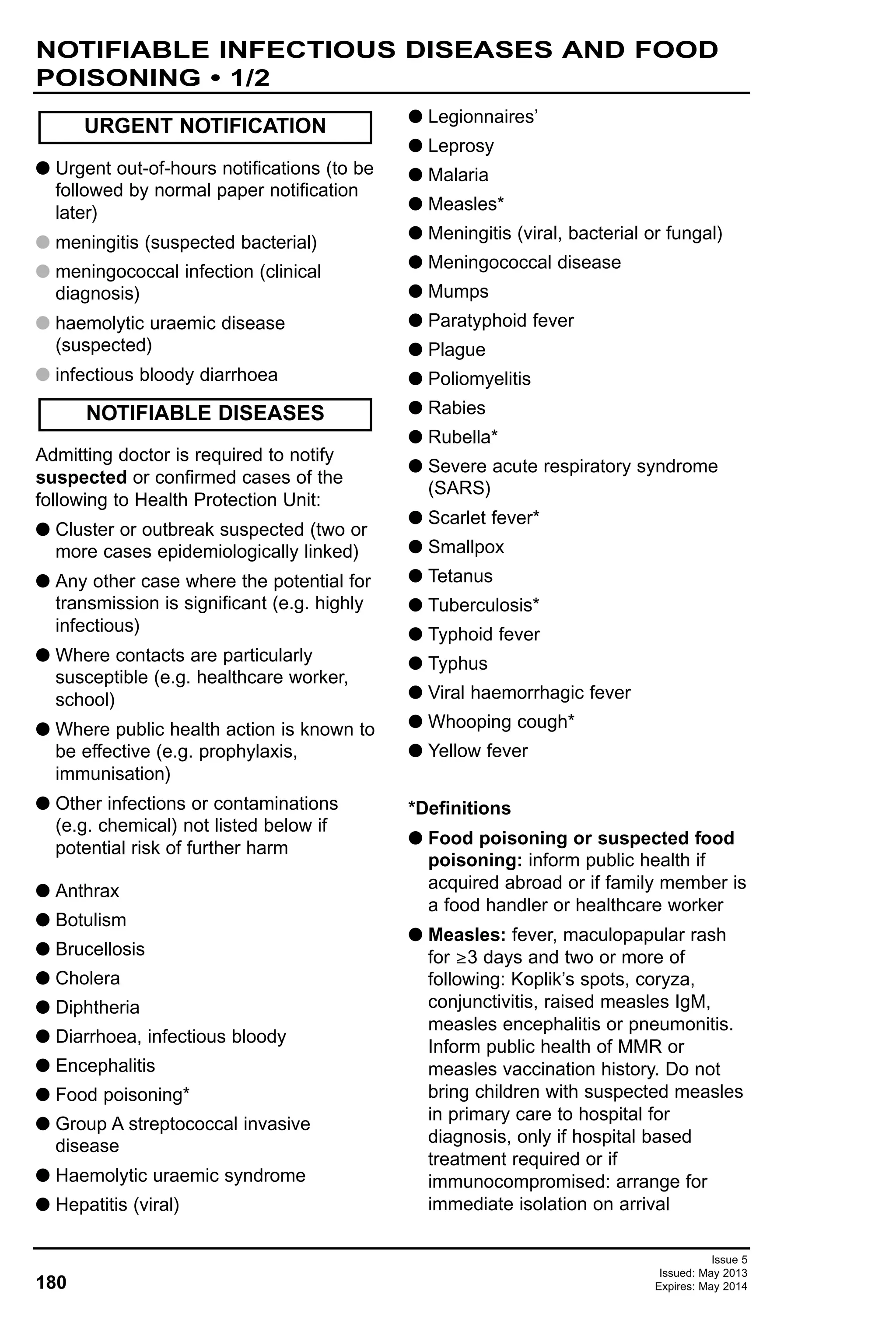 Issue 5
Issued: May 2013
Expires: May 2014180
G Urgent out-of-hours notifications (to be
followed by normal paper notification
later)
G meningitis (suspected bacterial)
G meningococcal infection (clinical
diagnosis)
G haemolytic uraemic disease
(suspected)
G infectious bloody diarrhoea
Admitting doctor is required to notify
suspected or confirmed cases of the
following to Health Protection Unit:
G Cluster or outbreak suspected (two or
more cases epidemiologically linked)
G Any other case where the potential for
transmission is significant (e.g. highly
infectious)
G Where contacts are particularly
susceptible (e.g. healthcare worker,
school)
G Where public health action is known to
be effective (e.g. prophylaxis,
immunisation)
G Other infections or contaminations
(e.g. chemical) not listed below if
potential risk of further harm
G Anthrax
G Botulism
G Brucellosis
G Cholera
G Diphtheria
G Diarrhoea, infectious bloody
G Encephalitis
G Food poisoning*
G Group A streptococcal invasive
disease
G Haemolytic uraemic syndrome
G Hepatitis (viral)
G Legionnaires’
G Leprosy
G Malaria
G Measles*
G Meningitis (viral, bacterial or fungal)
G Meningococcal disease
G Mumps
G Paratyphoid fever
G Plague
G Poliomyelitis
G Rabies
G Rubella*
G Severe acute respiratory syndrome
(SARS)
G Scarlet fever*
G Smallpox
G Tetanus
G Tuberculosis*
G Typhoid fever
G Typhus
G Viral haemorrhagic fever
G Whooping cough*
G Yellow fever
*Definitions
G Food poisoning or suspected food
poisoning: inform public health if
acquired abroad or if family member is
a food handler or healthcare worker
G Measles: fever, maculopapular rash
for ≥3 days and two or more of
following: Koplik’s spots, coryza,
conjunctivitis, raised measles IgM,
measles encephalitis or pneumonitis.
Inform public health of MMR or
measles vaccination history. Do not
bring children with suspected measles
in primary care to hospital for
diagnosis, only if hospital based
treatment required or if
immunocompromised: arrange for
immediate isolation on arrival
NOTIFIABLE DISEASES
URGENT NOTIFICATION
NOTIFIABLE INFECTIOUS DISEASES AND FOOD
POISONING • 1/2
 