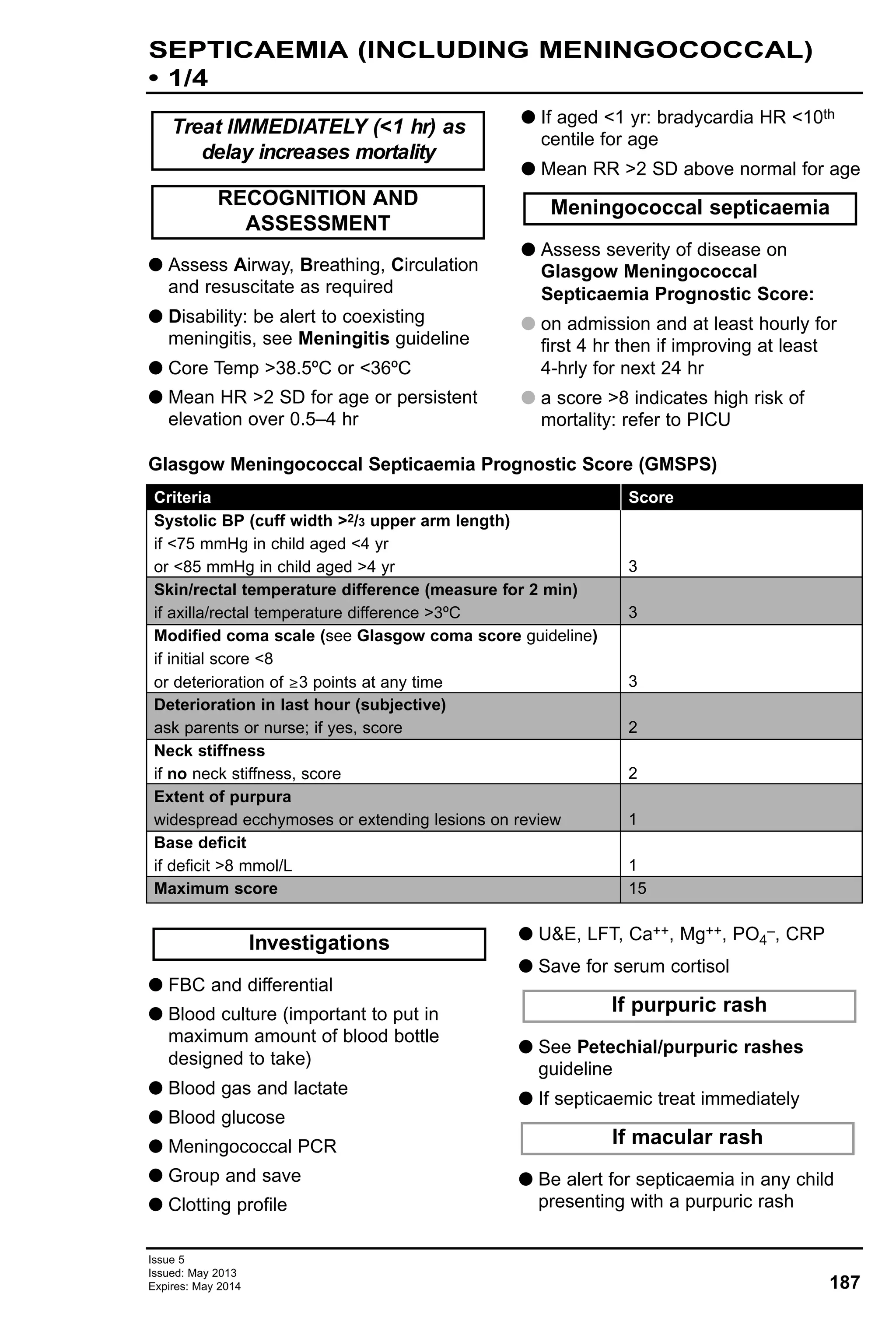 Issue 5
Issued: May 2013
Expires: May 2014 187
G Assess Airway, Breathing, Circulation
and resuscitate as required
G Disability: be alert to coexisting
meningitis, see Meningitis guideline
G Core Temp >38.5ºC or <36ºC
G Mean HR >2 SD for age or persistent
elevation over 0.5–4 hr
G If aged <1 yr: bradycardia HR <10th
centile for age
G Mean RR >2 SD above normal for age
G Assess severity of disease on
Glasgow Meningococcal
Septicaemia Prognostic Score:
G on admission and at least hourly for
first 4 hr then if improving at least
4-hrly for next 24 hr
G a score >8 indicates high risk of
mortality: refer to PICU
Meningococcal septicaemiaRECOGNITION AND
ASSESSMENT
Treat IMMEDIATELY (<1 hr) as
delay increases mortality
SEPTICAEMIA (INCLUDING MENINGOCOCCAL)
• 1/4
Glasgow Meningococcal Septicaemia Prognostic Score (GMSPS)
Criteria
Systolic BP (cuff width >2/3 upper arm length)
if <75 mmHg in child aged <4 yr
or <85 mmHg in child aged >4 yr
Skin/rectal temperature difference (measure for 2 min)
if axilla/rectal temperature difference >3ºC
Modified coma scale (see Glasgow coma score guideline)
if initial score <8
or deterioration of ≥3 points at any time
Deterioration in last hour (subjective)
ask parents or nurse; if yes, score
Neck stiffness
if no neck stiffness, score
Extent of purpura
widespread ecchymoses or extending lesions on review
Base deficit
if deficit >8 mmol/L
Maximum score
Score
3
3
3
2
2
1
1
15
G FBC and differential
G Blood culture (important to put in
maximum amount of blood bottle
designed to take)
G Blood gas and lactate
G Blood glucose
G Meningococcal PCR
G Group and save
G Clotting profile
G U&E, LFT, Ca++, Mg++, PO4
–, CRP
G Save for serum cortisol
G See Petechial/purpuric rashes
guideline
G If septicaemic treat immediately
G Be alert for septicaemia in any child
presenting with a purpuric rash
If macular rash
If purpuric rash
Investigations
 