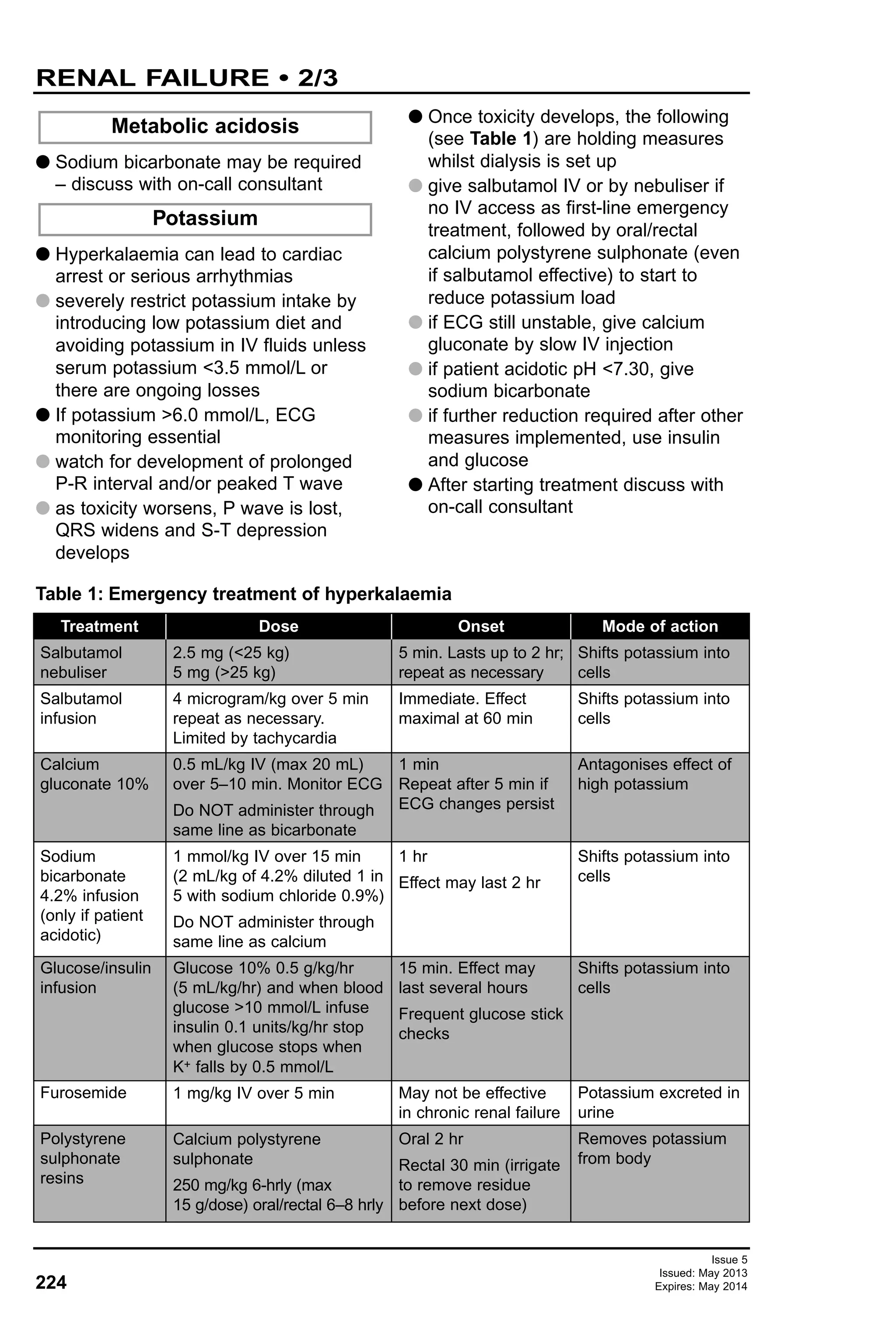 224
Issue 5
Issued: May 2013
Expires: May 2014
RENAL FAILURE • 2/3
G Sodium bicarbonate may be required
– discuss with on-call consultant
G Hyperkalaemia can lead to cardiac
arrest or serious arrhythmias
G severely restrict potassium intake by
introducing low potassium diet and
avoiding potassium in IV fluids unless
serum potassium <3.5 mmol/L or
there are ongoing losses
G If potassium >6.0 mmol/L, ECG
monitoring essential
G watch for development of prolonged
P-R interval and/or peaked T wave
G as toxicity worsens, P wave is lost,
QRS widens and S-T depression
develops
G Once toxicity develops, the following
(see Table 1) are holding measures
whilst dialysis is set up
G give salbutamol IV or by nebuliser if
no IV access as first-line emergency
treatment, followed by oral/rectal
calcium polystyrene sulphonate (even
if salbutamol effective) to start to
reduce potassium load
G if ECG still unstable, give calcium
gluconate by slow IV injection
G if patient acidotic pH <7.30, give
sodium bicarbonate
G if further reduction required after other
measures implemented, use insulin
and glucose
G After starting treatment discuss with
on-call consultant
Potassium
Metabolic acidosis
Table 1: Emergency treatment of hyperkalaemia
Treatment
Salbutamol
nebuliser
Salbutamol
infusion
Calcium
gluconate 10%
Sodium
bicarbonate
4.2% infusion
(only if patient
acidotic)
Glucose/insulin
infusion
Furosemide
Polystyrene
sulphonate
resins
Dose
2.5 mg (<25 kg)
5 mg (>25 kg)
4 microgram/kg over 5 min
repeat as necessary.
Limited by tachycardia
0.5 mL/kg IV (max 20 mL)
over 5–10 min. Monitor ECG
Do NOT administer through
same line as bicarbonate
1 mmol/kg IV over 15 min
(2 mL/kg of 4.2% diluted 1 in
5 with sodium chloride 0.9%)
Do NOT administer through
same line as calcium
Glucose 10% 0.5 g/kg/hr
(5 mL/kg/hr) and when blood
glucose >10 mmol/L infuse
insulin 0.1 units/kg/hr stop
when glucose stops when
K+ falls by 0.5 mmol/L
1 mg/kg IV over 5 min
Calcium polystyrene
sulphonate
250 mg/kg 6-hrly (max
15 g/dose) oral/rectal 6–8 hrly
Onset
5 min. Lasts up to 2 hr;
repeat as necessary
Immediate. Effect
maximal at 60 min
1 min
Repeat after 5 min if
ECG changes persist
1 hr
Effect may last 2 hr
15 min. Effect may
last several hours
Frequent glucose stick
checks
May not be effective
in chronic renal failure
Oral 2 hr
Rectal 30 min (irrigate
to remove residue
before next dose)
Mode of action
Shifts potassium into
cells
Shifts potassium into
cells
Antagonises effect of
high potassium
Shifts potassium into
cells
Shifts potassium into
cells
Potassium excreted in
urine
Removes potassium
from body
 