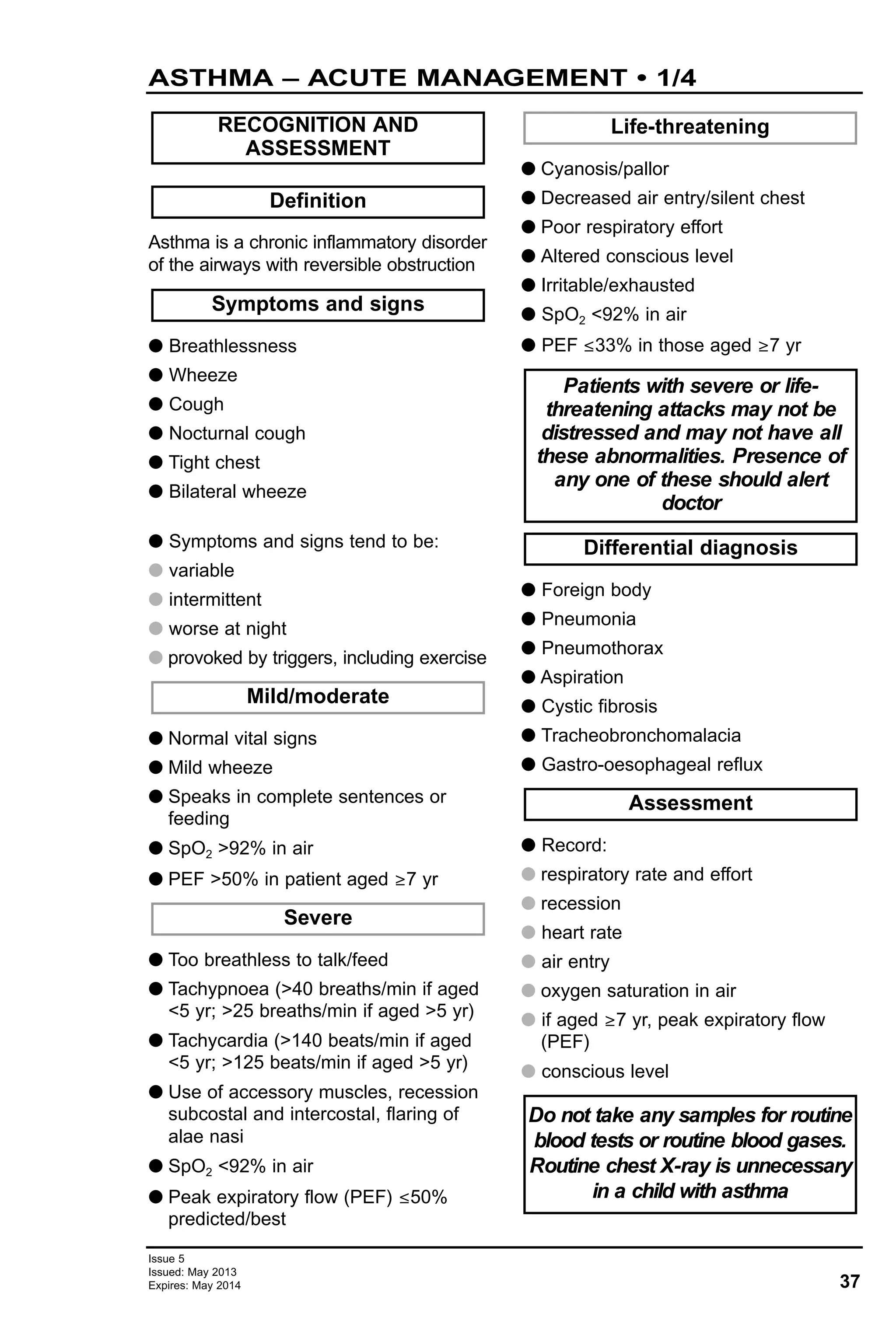 37
Issue 5
Issued: May 2013
Expires: May 2014
ASTHMA – ACUTE MANAGEMENT • 1/4
Asthma is a chronic inflammatory disorder
of the airways with reversible obstruction
G Breathlessness
G Wheeze
G Cough
G Nocturnal cough
G Tight chest
G Bilateral wheeze
G Symptoms and signs tend to be:
G variable
G intermittent
G worse at night
G provoked by triggers, including exercise
G Normal vital signs
G Mild wheeze
G Speaks in complete sentences or
feeding
G SpO2 >92% in air
G PEF >50% in patient aged ≥7 yr
G Too breathless to talk/feed
G Tachypnoea (>40 breaths/min if aged
<5 yr; >25 breaths/min if aged >5 yr)
G Tachycardia (>140 beats/min if aged
<5 yr; >125 beats/min if aged >5 yr)
G Use of accessory muscles, recession
subcostal and intercostal, flaring of
alae nasi
G SpO2 <92% in air
G Peak expiratory flow (PEF) ≤50%
predicted/best
G Cyanosis/pallor
G Decreased air entry/silent chest
G Poor respiratory effort
G Altered conscious level
G Irritable/exhausted
G SpO2 <92% in air
G PEF ≤33% in those aged ≥7 yr
G Foreign body
G Pneumonia
G Pneumothorax
G Aspiration
G Cystic fibrosis
G Tracheobronchomalacia
G Gastro-oesophageal reflux
G Record:
G respiratory rate and effort
G recession
G heart rate
G air entry
G oxygen saturation in air
G if aged ≥7 yr, peak expiratory flow
(PEF)
G conscious level
Do not take any samples for routine
blood tests or routine blood gases.
Routine chest X-ray is unnecessary
in a child with asthma
Assessment
Differential diagnosis
Patients with severe or life-
threatening attacks may not be
distressed and may not have all
these abnormalities. Presence of
any one of these should alert
doctor
Life-threatening
Severe
Mild/moderate
Symptoms and signs
Definition
RECOGNITION AND
ASSESSMENT
 
