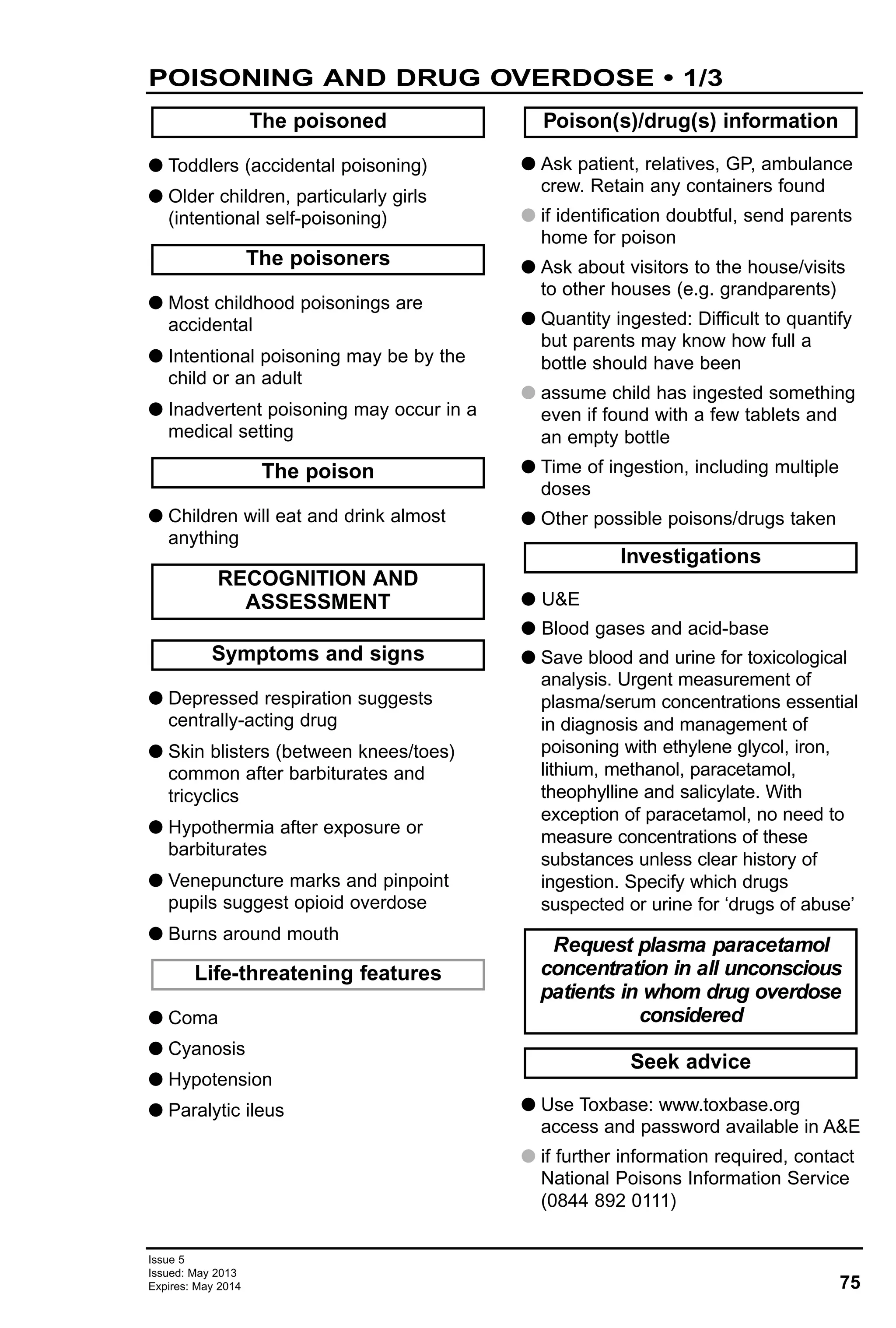 75
Issue 5
Issued: May 2013
Expires: May 2014
POISONING AND DRUG OVERDOSE • 1/3
G Toddlers (accidental poisoning)
G Older children, particularly girls
(intentional self-poisoning)
G Most childhood poisonings are
accidental
G Intentional poisoning may be by the
child or an adult
G Inadvertent poisoning may occur in a
medical setting
G Children will eat and drink almost
anything
G Depressed respiration suggests
centrally-acting drug
G Skin blisters (between knees/toes)
common after barbiturates and
tricyclics
G Hypothermia after exposure or
barbiturates
G Venepuncture marks and pinpoint
pupils suggest opioid overdose
G Burns around mouth
G Coma
G Cyanosis
G Hypotension
G Paralytic ileus
G Ask patient, relatives, GP, ambulance
crew. Retain any containers found
G if identification doubtful, send parents
home for poison
G Ask about visitors to the house/visits
to other houses (e.g. grandparents)
G Quantity ingested: Difficult to quantify
but parents may know how full a
bottle should have been
G assume child has ingested something
even if found with a few tablets and
an empty bottle
G Time of ingestion, including multiple
doses
G Other possible poisons/drugs taken
G U&E
G Blood gases and acid-base
G Save blood and urine for toxicological
analysis. Urgent measurement of
plasma/serum concentrations essential
in diagnosis and management of
poisoning with ethylene glycol, iron,
lithium, methanol, paracetamol,
theophylline and salicylate. With
exception of paracetamol, no need to
measure concentrations of these
substances unless clear history of
ingestion. Specify which drugs
suspected or urine for ‘drugs of abuse’
G Use Toxbase: www.toxbase.org
access and password available in A&E
G if further information required, contact
National Poisons Information Service
(0844 892 0111)
Seek advice
Request plasma paracetamol
concentration in all unconscious
patients in whom drug overdose
considered
Investigations
Poison(s)/drug(s) information
Life-threatening features
Symptoms and signs
RECOGNITION AND
ASSESSMENT
The poison
The poisoners
The poisoned
 