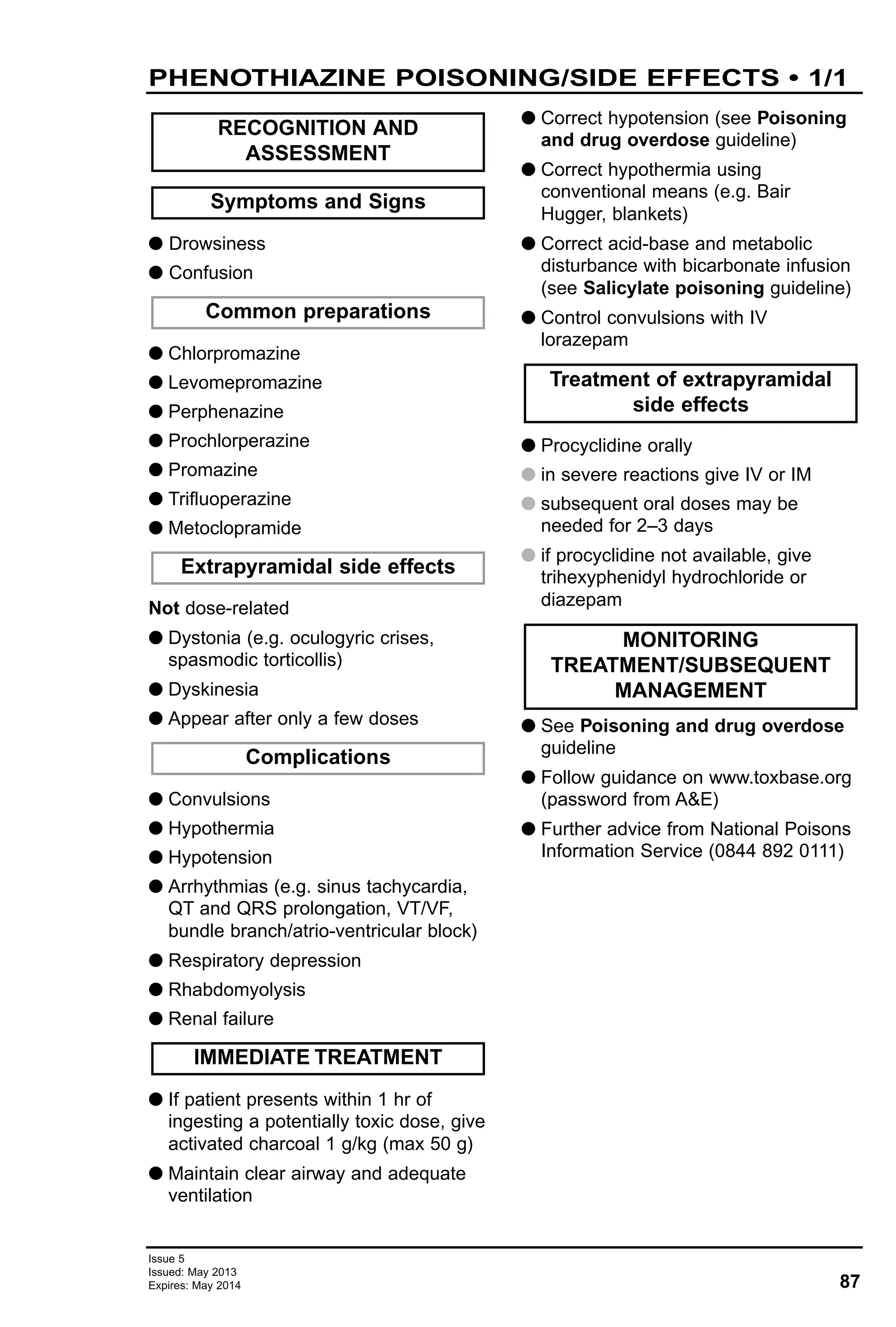 87
Issue 5
Issued: May 2013
Expires: May 2014
G Drowsiness
G Confusion
G Chlorpromazine
G Levomepromazine
G Perphenazine
G Prochlorperazine
G Promazine
G Trifluoperazine
G Metoclopramide
Not dose-related
G Dystonia (e.g. oculogyric crises,
spasmodic torticollis)
G Dyskinesia
G Appear after only a few doses
G Convulsions
G Hypothermia
G Hypotension
G Arrhythmias (e.g. sinus tachycardia,
QT and QRS prolongation, VT/VF,
bundle branch/atrio-ventricular block)
G Respiratory depression
G Rhabdomyolysis
G Renal failure
G If patient presents within 1 hr of
ingesting a potentially toxic dose, give
activated charcoal 1 g/kg (max 50 g)
G Maintain clear airway and adequate
ventilation
G Correct hypotension (see Poisoning
and drug overdose guideline)
G Correct hypothermia using
conventional means (e.g. Bair
Hugger, blankets)
G Correct acid-base and metabolic
disturbance with bicarbonate infusion
(see Salicylate poisoning guideline)
G Control convulsions with IV
lorazepam
G Procyclidine orally
G in severe reactions give IV or IM
G subsequent oral doses may be
needed for 2–3 days
G if procyclidine not available, give
trihexyphenidyl hydrochloride or
diazepam
G See Poisoning and drug overdose
guideline
G Follow guidance on www.toxbase.org
(password from A&E)
G Further advice from National Poisons
Information Service (0844 892 0111)
MONITORING
TREATMENT/SUBSEQUENT
MANAGEMENT
RECOGNITION AND
ASSESSMENT
Symptoms and Signs
Common preparations
Extrapyramidal side effects
Complications
IMMEDIATE TREATMENT
Treatment of extrapyramidal
side effects
PHENOTHIAZINE POISONING/SIDE EFFECTS • 1/1
 