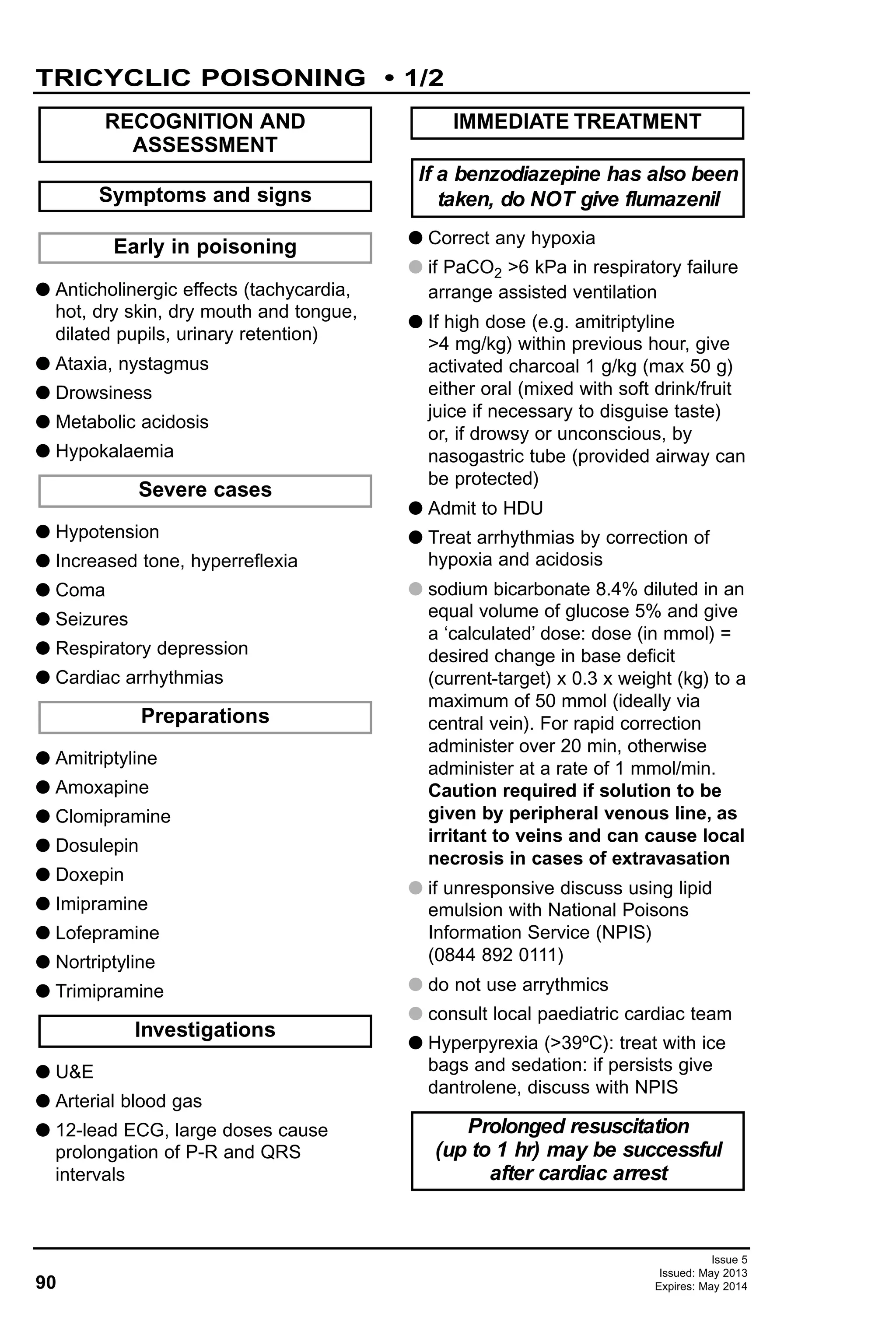 90
Issue 5
Issued: May 2013
Expires: May 2014
TRICYCLIC POISONING • 1/2
G Anticholinergic effects (tachycardia,
hot, dry skin, dry mouth and tongue,
dilated pupils, urinary retention)
G Ataxia, nystagmus
G Drowsiness
G Metabolic acidosis
G Hypokalaemia
G Hypotension
G Increased tone, hyperreflexia
G Coma
G Seizures
G Respiratory depression
G Cardiac arrhythmias
G Amitriptyline
G Amoxapine
G Clomipramine
G Dosulepin
G Doxepin
G Imipramine
G Lofepramine
G Nortriptyline
G Trimipramine
G U&E
G Arterial blood gas
G 12-lead ECG, large doses cause
prolongation of P-R and QRS
intervals
G Correct any hypoxia
G if PaCO2 >6 kPa in respiratory failure
arrange assisted ventilation
G If high dose (e.g. amitriptyline
>4 mg/kg) within previous hour, give
activated charcoal 1 g/kg (max 50 g)
either oral (mixed with soft drink/fruit
juice if necessary to disguise taste)
or, if drowsy or unconscious, by
nasogastric tube (provided airway can
be protected)
G Admit to HDU
G Treat arrhythmias by correction of
hypoxia and acidosis
G sodium bicarbonate 8.4% diluted in an
equal volume of glucose 5% and give
a ‘calculated’ dose: dose (in mmol) =
desired change in base deficit
(current-target) x 0.3 x weight (kg) to a
maximum of 50 mmol (ideally via
central vein). For rapid correction
administer over 20 min, otherwise
administer at a rate of 1 mmol/min.
Caution required if solution to be
given by peripheral venous line, as
irritant to veins and can cause local
necrosis in cases of extravasation
G if unresponsive discuss using lipid
emulsion with National Poisons
Information Service (NPIS)
(0844 892 0111)
G do not use arrythmics
G consult local paediatric cardiac team
G Hyperpyrexia (>39ºC): treat with ice
bags and sedation: if persists give
dantrolene, discuss with NPIS
If a benzodiazepine has also been
taken, do NOT give flumazenil
Prolonged resuscitation
(up to 1 hr) may be successful
after cardiac arrest
IMMEDIATE TREATMENT
Investigations
Preparations
Severe cases
Early in poisoning
Symptoms and signs
RECOGNITION AND
ASSESSMENT
 