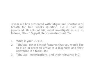 3 year old boy presented with fatigue and shortness of
breath for two weeks duration. He is pale and
jaundiced. Results of his initial investigations are as
follows; Hb – 6.5 gr/dl, Reticulocute count 6%.
1. What is your DD (15)
2. Tabulate other clinical features that you would like
to elicit in order to arrive at a diagnosis and their
relevance in a table (45)
3. Tabulate investigations and their relevance (40)

 
