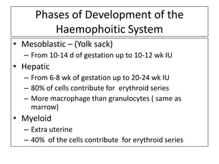 Phases of Development of the
Haemophoitic System
• Mesoblastic – (Yolk sack)
– From 10-14 d of gestation up to 10-12 wk IU

• Hepatic
– From 6-8 wk of gestation up to 20-24 wk IU
– 80% of cells contribute for erythroid series
– More macrophage than granulocytes ( same as
marrow)

• Myeloid
– Extra uterine
– 40% of the cells contribute for erythroid series

 