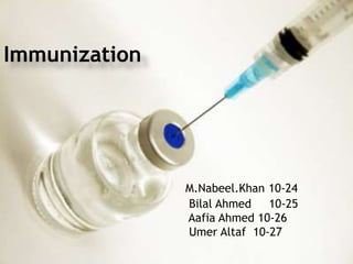 Immunization
M.Nabeel.Khan 10-24
Bilal Ahmed 10-25
Aafia Ahmed 10-26
Umer Altaf 10-27
 