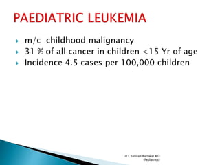  m/c childhood malignancy
 31 % of all cancer in children <15 Yr of age
 Incidence 4.5 cases per 100,000 children
Dr Chandan Barnwal MD
(Pediatrics)
 