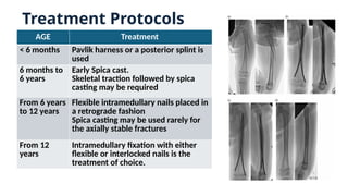 Treatment Protocols
AGE Treatment
< 6 months Pavlik harness or a posterior splint is
used
6 months to
6 years
Early Spica cast.
Skeletal traction followed by spica
casting may be required
From 6 years
to 12 years
Flexible intramedullary nails placed in
a retrograde fashion
Spica casting may be used rarely for
the axially stable fractures
From 12
years
Intramedullary fixation with either
flexible or interlocked nails is the
treatment of choice.
 