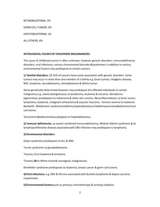 RETINOBLASTOMA; 3%
GERM CELL TUMOR; 2%
HEPATOBLASTOMA; 1%
ALL OTHERS; 4%
AETIOLOGICAL CAUSES OF CHILDHOOD MALIGNANCIES:
The cause of childhood cancer is often unknown, however genetic disorders, immunodeficiency
disorders, viral infections, various chromosomal disorders&syndromes in addition to various
environmental factors may predispose to certain cancers.
1/ familial disorders; 10-15% of cancers have some association with genetic disorders. Some
tumors may occur in more than one member of a family e.g. brain tumors, Hodgkins disease,
NHL, leukemia, neuroblastoma, retinoblastoma & Wilms tumor.
Some genetically determined diseases may predispose the affected individuals to certain
malignancy e.g. ataxia telangiectasia; to lymphoma, leukemia & sarcoma. Xeroderma
pigmentosa; predisposes to melanoma & other skin cancers. Neurofibromatosis; to brain tumor,
lymphoma, leukemia, malignant schwanoma & acaustic neuroma . Fanconi anemia to leukemia.
Beckwith- Wiedemann syndrome;toWilms,hepatoblastoma,rhabdomyosarcoma&adrenocortical
carcinoma.
Tyrosinemia&adenomatous polyposis to hepatoblastoma.
2/ immune deficiencies; as severe combined immunodeficiency, Wiskott-Aldrich syndrome & XL
lymphoproliferative disease associated with EBV infection may predispose to lymphoma.
3/chromosomal disorders:
Down syndrome predisposes to ALL & AML.
Turner syndrome to gonadoblastoma.
Trisomy 13 to leukemia & teratoma.
Trisomy 18 to Wilms tumor& neurogenic malignancies.
Klinefelter syndrome predisposes to leukemia, breast cancer & germ cell tumors.
4/Viral infections; e.g. EBV & HIV are associated with Burkitts lymphoma & Kaposi sarcoma
respectively.
5/Environmental factors;such as previous chemotherapy & ionizing radiation.
2
 