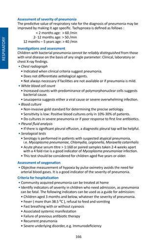 166
Assessment of severity of pneumonia
The predictive value of respiratory rate for the diagnosis of pneumonia may be
improved by making it age specific. Tachypnoea is defined as follows :
 2 months age:  60 /min
2- 12 months age:  50 /min
12 months – 5 years age:  40 /min
Investigations and assessment
Children with bacterial pneumonia cannot be reliably distinguished from those
with viral disease on the basis of any single parameter: Clinical, laboratory or
chest X-ray findings.
• Chest radiograph
• Indicated when clinical criteria suggest pneumonia.
• Does not differentiate aetiological agents.
• Not always necessary if facilities are not available or if pneumonia is mild.
• White blood cell count
• Increased counts with predominance of polymorphonuclear cells suggests
bacterial cause.
• Leucopenia suggests either a viral cause or severe overwhelming infection.
• Blood culture
• Non-invasive gold standard for determining the precise aetiology.
• Sensitivity is low: Positive blood cultures only in 10%-30% of patients.
• Do cultures in severe pneumonia or if poor response to first line antibiotics.
• Pleural fluid analysis
• If there is significant pleural effusion, a diagnostic pleural tap will be helpful.
• Serological tests
• Serology is performed in patients with suspected atypical pneumonia,
i.e. Mycoplasma pneumoniae, Chlamydia, Legionella, Moraxella catarrhalis
• Acute phase serum titre  1:160 or paired samples taken 2-4 weeks apart
with a 4 fold rise is a good indicator of Mycoplasma pneumoniae infection.
• This test should be considered for children aged five years or older.
Assessment of oxygenation
• Objective measurement of hypoxia by pulse oximetry avoids the need for
arterial blood gases. It is a good indicator of the severity of pneumonia.
Criteria for hospitalization
• Community acquired pneumonia can be treated at home
• Identify indicators of severity in children who need admission, as pneumonia
can be fatal. The following indicators can be used as a guide for admission:
• Children aged 3 months and below, whatever the severity of pneumonia.
• Fever ( more than 38.5 ⁰C ), refusal to feed and vomiting
• Fast breathing with or without cyanosis
• Associated systemic manifestation
• Failure of previous antibiotic therapy
• Recurrent pneumonia
• Severe underlying disorder, e.g. Immunodeficiency
RESPIRATORY
 