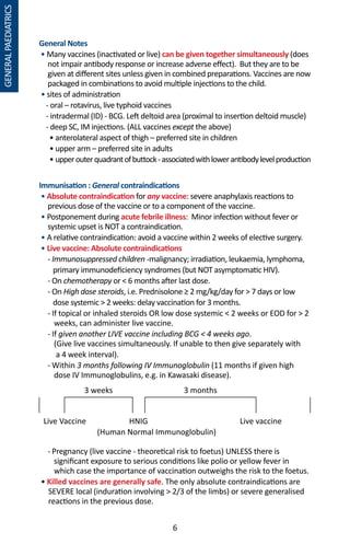 6
General Notes
• Many vaccines (inactivated or live) can be given together simultaneously (does
not impair antibody response or increase adverse effect). But they are to be
given at different sites unless given in combined preparations. Vaccines are now
packaged in combinations to avoid multiple injections to the child.
• sites of administration
- oral – rotavirus, live typhoid vaccines
- intradermal (ID) - BCG. Left deltoid area (proximal to insertion deltoid muscle)
- deep SC, IM injections. (ALL vaccines except the above)	
• anterolateral aspect of thigh – preferred site in children
• upper arm – preferred site in adults
• upperouterquadrantofbuttock-associatedwithlowerantibodylevelproduction
Immunisation : General contraindications
• Absolute contraindication for any vaccine: severe anaphylaxis reactions to
previous dose of the vaccine or to a component of the vaccine.
• Postponement during acute febrile illness: Minor infection without fever or
systemic upset is NOT a contraindication.
• A relative contraindication: avoid a vaccine within 2 weeks of elective surgery.
• Live vaccine: Absolute contraindications
- Immunosuppressed children -malignancy; irradiation, leukaemia, lymphoma,
primary immunodeficiency syndromes (but NOT asymptomatic HIV).
- On chemotherapy or  6 months after last dose.
- On High dose steroids, i.e. Prednisolone ≥ 2 mg/kg/day for  7 days or low
dose systemic  2 weeks: delay vaccination for 3 months.
- If topical or inhaled steroids OR low dose systemic  2 weeks or EOD for  2
weeks, can administer live vaccine.
- If given another LIVE vaccine including BCG  4 weeks ago.
(Give live vaccines simultaneously. If unable to then give separately with
a 4 week interval).
- Within 3 months following IV Immunoglobulin (11 months if given high
dose IV Immunoglobulins, e.g. in Kawasaki disease).
3 weeks 3 months
Live Vaccine HNIG Live vaccine
(Human Normal Immunoglobulin)
- Pregnancy (live vaccine - theoretical risk to foetus) UNLESS there is
significant exposure to serious conditions like polio or yellow fever in
which case the importance of vaccination outweighs the risk to the foetus.
• Killed vaccines are generally safe. The only absolute contraindications are
SEVERE local (induration involving  2/3 of the limbs) or severe generalised
reactions in the previous dose.
GENERALPAEDIATRICS
 