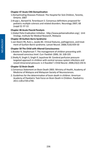 236
NEUROLOGY
Chapter 47 Acute CNS Demyelination
1.Demyelinating Diseases Protocol. The Hospital for Sick Children, Toronto,
Ontario. 2007
2.Krupp L, Banwell B, Tenenbaum S. Consensus definitions proposed for
pediatric multiple sclerosis and related disorders. Neurology 2007; 68
(suppl 2): S7-12.
Chapter 48 Acute Flaccid Paralysis
1.Global Polio Eradication Initiative . http://www.polioeradication.org/, Unit
Virologi, Institute for Medical Research, Malaysia
Chapter 49 Guillain Barre Syndrome
1.van Doorn PA, Ruts L, Jacobs BC. Clinical features, pathogenesis, and treat-
ment of Guillain-Barré syndrome. Lancet Neurol. 2008;7(10):939-50
Chapter 50 The Child with Altered Consciousness
1.Bowker R, Stephenson T. The management of children presenting with
decreased conscious level. Curr Paediatr 2006; 16: 328-335
2.Shetty R, Singhi S, Singhi P, Jayashree M. Cerebral perfusion pressure-
targeted approach in children with central nervous system infections and
raised intracranial pressure: is it feasible? J Child Neurol. 2008;23(2):192-8.
Chapter 52 Brain Death
1.Consensus Statement on Brain Death 2003. Ministry of Health, Academy of
Medicine of Malaysia and Malaysian Society of Neurosciences.
2. Guidelines for the determination of brain death in children. American
Academy of Paediatric Task Force on Brain Death in Children. Paediatrics
2011:128:e720-e740.
 