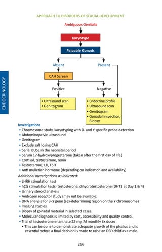 266
Investigations
• Chromosome study, karyotyping with X- and Y-specific probe detection
• Abdominopelvic ultrasound
• Genitogram
• Exclude salt losing CAH
• Serial BUSE in the neonatal period
• Serum 17-hydroxyprogesterone (taken after the first day of life)
• Cortisol, testosterone, renin
• Testosterone, LH, FSH
• Anti mullerian hormone (depending on indication and availability)
Additional investigations as indicated:
• LHRH stimulation test
• hCG stimulation tests (testosterone, dihydrotestosterone (DHT) at Day 1  4)
• Urinary steroid analysis
• Androgen receptor study (may not be available)
• DNA analysis for SRY gene (sex-determining region on the Y chromosome)
• Imaging studies
• Biopsy of gonadal material in selected cases.
• Molecular diagnosis is limited by cost, accessibility and quality control.
• Trial of testosterone enanthate 25 mg IM monthly 3x doses 	
• This can be done to demonstrate adequate growth of the phallus and is
essential before a final decision is made to raise an DSD child as a male.
Karyotype
Palpable Gonads
Ambiguous Genitalia
CAH Screen
Absent
• Endocrine profile
• Ultrasound scan
• Genitogram
• Gonadal inspection,
Biopsy
• Ultrasound scan
• Genitogram
Present
Positive Negative
APPROACH TO DISORDERS OF SEXUAL DEVELOPMENT
ENDOCRINOLOGY
 