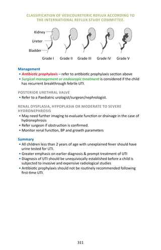 311
Management
• Antibiotic prophylaxis – refer to antibiotic prophylaxis section above
• Surgical management or endoscopic treatment is considered if the child
has recurrent breakthrough febrile UTI.
POSTERIOR URETHRAL VALVE
• Refer to a Paediatric urologist/surgeon/nephrologist.
RENAL DYSPLASIA, HYPOPLASIA OR MODERATE TO SEVERE
HYDRONEPHROSIS
• May need further imaging to evaluate function or drainage in the case of
hydronephrosis
• Refer surgeon if obstruction is confirmed.
• Monitor renal function, BP and growth parameters
Summary
• All children less than 2 years of age with unexplained fever should have
urine tested for UTI.
• Greater emphasis on earlier diagnosis  prompt treatment of UTI
• Diagnosis of UTI should be unequivocally established before a child is
subjected to invasive and expensive radiological studies
• Antibiotic prophylaxis should not be routinely recommended following
first-time UTI.
CLASSIFICATION OF VESICOURETERIC REFLUX ACCORDING TO
THE INTERNATIONAL REFLUX STUDY COMMITTEE.
Grade I Grade IVGrade III Grade VGrade II
Kidney
Bladder
Ureter
 