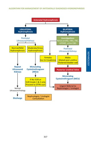 317
NEPHROLOGY
Postnatal
Ultrasound Kidneys
Repeat
Ultrasound
Kidneys
Normal
Ultrasound findings
Micturating
CystoUrethrogram (MCU)
Discharge
Urgent Referral to
Nephrologist / Urologist
Antenatal Hydronephrosis
BILATERAL
Hydronephrosis
UNILATERAL
Hydronephrosis
Investigations
Renal profile, VBG, FBC,
UFEME, urine CS
Normal/Mild
Hydronephrosis
Moderate/Gross
Hydronephrosis
Females
Incr Sr Creatinine
Males
Dilated post urethra
Thickened bladder wall
Posterior Urethral Valve
If No VUR or
VUR Grade 1  2 only
Proceed to DTPA scan
Postnatal
Ultrasound Kidneys
Micturating
CystoUrethrogram
(MCU)
Nephrologist / Urologist
Consultation
ALGORITHM FOR MANAGEMENT OF ANTENATALLY DIAGNOSED HYDRONEPHROSIS
 