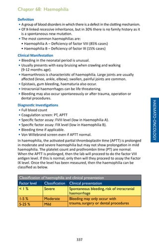 337
Chapter 68: Haemophilia
Definition
• A group of blood disorders in which there is a defect in the clotting mechanism.
• Of X-linked recessive inheritance, but in 30% there is no family history as it
is a spontaneous new mutation.
• The most common haemophilias are:
• Haemophilia A – Deficiency of factor VIII (85% cases)
• Haemophilia B – Deficiency of factor IX (15% cases)
Clinical Manifestation
• Bleeding in the neonatal period is unusual.
• Usually presents with easy bruising when crawling and walking
(9-12 months age).
• Haemarthrosis is characteristic of haemophilia. Large joints are usually
affected (knee, ankle, elbow); swollen, painful joints are common.
• Epistaxis, gum bleeding, haematuria also occur.
• Intracranial haemorrhages can be life threatening.
• Bleeding may also occur spontaneously or after trauma, operation or
dental procedures.
Diagnostic Investigations
• Full blood count
• Coagulation screen: PT, APTT
• Specific factor assay: FVIII level (low in Haemophilia A).
• Specific factor assay: FIX level (low in Haemophilia B).
• Bleeding time if applicable.
• Von Willebrand screen even if APTT normal.
In haemophilia, the activated partial thromboplastin time (APTT) is prolonged
in moderate and severe haemophilia but may not show prolongation in mild
haemophilia. The platelet count and prothrombin time (PT) are normal.
When the APTT is prolonged, then the lab will proceed to do the factor VIII
antigen level. If this is normal, only then will they proceed to assay the Factor
IX level. Once the level has been measured, then the haemophilia can be
classified as below.
Classification of haemophilia and clinical presentation
Factor level Classification Clinical presentation
 1 % Severe Spontaneous bleeding, risk of intracranial
haemorrhage
1-5 % Moderate Bleeding may only occur with
trauma, surgery or dental procedures5-25 % Mild
HAEMATO-ONCOLOGY
 