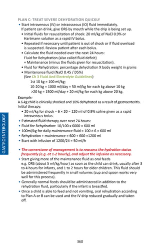 360
PLAN C: TREAT SEVERE DEHYDRATION QUICKLY
• Start intravenous (IV) or intraosseous (IO) fluid immediately.
If patient can drink, give ORS by mouth while the drip is being set up.
• Initial fluids for resuscitation of shock: 20 ml/kg of NaCl 0.9% or
Hartmann solution as a rapid IV bolus.
• Repeated if necessary until patient is out of shock or if fluid overload
is suspected. Review patient after each bolus.
• Calculate the fluid needed over the next 24 hours:
Fluid for Rehydration (also called fluid deficit)
+ Maintenance (minus the fluids given for resuscitation).
• Fluid for Rehydration: percentage dehydration X body weight in grams
• Maintenance fluid (NaCl 0.45 / D5%)
(See Ch 3 Fluid And Electrolyte Guidelines)
1st 10 kg = 100 ml/kg;
10-20 kg = 1000 ml/day + 50 ml/kg for each kg above 10 kg
20 kg = 1500 ml/day + 20 ml/kg for each kg above 20 kg.
Example:
A 6-kg child is clinically shocked and 10% dehydrated as a result of gastroenteritis.
Initial therapy:
• 20 ml/kg for shock = 6 × 20 = 120 ml of 0.9% saline given as a rapid
intravenous bolus.
• Estimated fluid therapy over next 24 hours:
• Fluid for Rehydration: 10/100 x 6000 = 600 ml
• 100ml/kg for daily maintenance fluid = 100 × 6 = 600 ml
• Rehydration + maintenance = 600 + 600 =1200 ml
• Start with infusion of 1200/24 = 50 ml/h
• The cornerstone of management is to reassess the hydration status
frequently (e.g. at 1-2 hourly), and adjust the infusion as necessary.
• Start giving more of the maintenance fluid as oral feeds
e.g. ORS (about 5 ml/kg/hour) as soon as the child can drink, usually after 3
to 4 hours for infants, and 1 to 2 hours for older children. This fluid should
be administered frequently in small volumes (cup and spoon works very
well for this process).
• Generally normal feeds should be administered in addition to the
rehydration fluid, particularly if the infant is breastfed.
• Once a child is able to feed and not vomiting, oral rehydration according
to Plan A or B can be used and the IV drip reduced gradually and taken
off.
GASTROENTEROLOGY
 