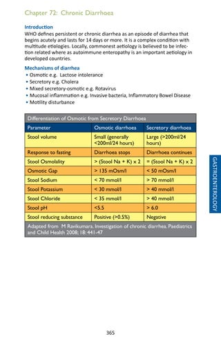 365
Chapter 72: Chronic Diarrhoea
Introduction
WHO defines persistent or chronic diarrhea as an episode of diarrhea that
begins acutely and lasts for 14 days or more. It is a complex condition with
multitude etiologies. Locally, commonest aetiology is believed to be infec-
tion related where as autoimmune enteropathy is an important aetiology in
developed countries.
Mechanisms of diarrhea
• Osmotic e.g. Lactose intolerance
• Secretory e.g. Cholera
• Mixed secretory-osmotic e.g. Rotavirus
• Mucosal inflammation e.g. Invasive bacteria, Inflammatory Bowel Disease
• Motility disturbance
Differentiation of Osmotic from Secretory Diarrhoea
Parameter Osmotic diarrhoea Secretory diarrhoea
Stool volume Small (generally
200ml/24 hours)
Large (200ml/24
hours)
Response to fasting Diarrhoea stops Diarrhoea continues
Stool Osmolality  (Stool Na + K) x 2 = (Stool Na + K) x 2
Osmotic Gap  135 mOsm/l  50 mOsm/l
Stool Sodium  70 mmol/l  70 mmol/l
Stool Potassium  30 mmol/l  40 mmol/l
Stool Chloride  35 mmol/l  40 mmol/l
Stool pH 5.5  6.0
Stool reducing substance Positive (0.5%) Negative
Adapted from M Ravikumara. Investigation of chronic diarrhea. Paediatrics
and Child Health 2008; 18: 441-47
GASTROENTEROLOGY
 