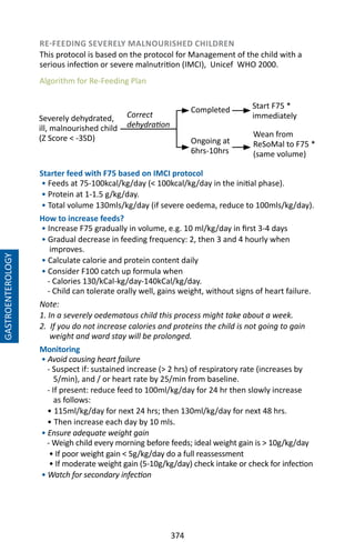374
RE-FEEDING SEVERELY MALNOURISHED CHILDREN
This protocol is based on the protocol for Management of the child with a
serious infection or severe malnutrition (IMCI), Unicef WHO 2000.
Starter feed with F75 based on IMCI protocol
• Feeds at 75-100kcal/kg/day ( 100kcal/kg/day in the initial phase).
• Protein at 1-1.5 g/kg/day.
• Total volume 130mls/kg/day (if severe oedema, reduce to 100mls/kg/day).
How to increase feeds?
• Increase F75 gradually in volume, e.g. 10 ml/kg/day in first 3-4 days
• Gradual decrease in feeding frequency: 2, then 3 and 4 hourly when
improves.
• Calculate calorie and protein content daily
• Consider F100 catch up formula when
- Calories 130/kCal-kg/day-140kCal/kg/day.
- Child can tolerate orally well, gains weight, without signs of heart failure.
Note:
1. In a severely oedematous child this process might take about a week.
2. If you do not increase calories and proteins the child is not going to gain
weight and ward stay will be prolonged.
Monitoring
• Avoid causing heart failure
- Suspect if: sustained increase ( 2 hrs) of respiratory rate (increases by
5/min), and / or heart rate by 25/min from baseline.
- If present: reduce feed to 100ml/kg/day for 24 hr then slowly increase
as follows:
• 115ml/kg/day for next 24 hrs; then 130ml/kg/day for next 48 hrs.
• Then increase each day by 10 mls.
• Ensure adequate weight gain
- Weigh child every morning before feeds; ideal weight gain is  10g/kg/day
• If poor weight gain  5g/kg/day do a full reassessment
• If moderate weight gain (5-10g/kg/day) check intake or check for infection
• Watch for secondary infection
Algorithm for Re-Feeding Plan
Severely dehydrated,
ill, malnourished child
(Z Score  -3SD) Ongoing at
6hrs-10hrs
Completed Start F75 *
immediately
Wean from
ReSoMal to F75 *
(same volume)
Correct
dehydration
GASTROENTEROLOGY
 
