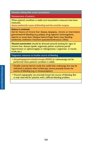 388
GASTROENTEROLOGY
Decision making after acute resuscitation
Reassessment of patients
When patient’s condition is stable and resuscitative measures have been
instituted,
Assess patient for cause of bleeding and the need for surgery.
History is reviewed.
Ask for history of chronic liver disease, dyspepsia, chronic or intermittent
gastrointestinal bleeding (e.g. polyps), drug ingestion (anticoagulants,
aspirin), or acute fever (dengue haemorrhagic fever), easy bleeding
tendencies, antibiotics treatment (pseudomembranous colitis).
Physical examination should be directed towards looking for signs of
chronic liver disease (spider angiomata, palmar erythema, portal
hypertension or splenomegaly) or telengiectasia / angiomata in mouth,
trunk, etc.)
Diagnostic measures to localise source of bleeding
• Oesophagogastro-duodenoscopy (OGDS) or colonoscopy can be
performed when patient’s condition is stable.
• Double contrast barium study less useful than endoscopy but may be
indicated in patients when endoscopy cannot precisely locate the
source of bleeding (e.g. in intussusception).
• Visceral angiography can precisely locate the source of bleeding. But
is only reserved for patients with a difficult bleeding problem.
 