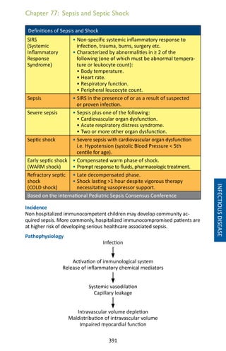391
Chapter 77: Sepsis and Septic Shock
Definitions of Sepsis and Shock
SIRS
(Systemic
Inflammatory
Response
Syndrome)
• Non-specific systemic inflammatory response to
infection, trauma, burns, surgery etc.
• Characterized by abnormalities in ≥ 2 of the
following (one of which must be abnormal tempera-
ture or leukocyte count):
• Body temperature.
• Heart rate.
• Respiratory function.
• Peripheral leucocyte count.
Sepsis • SIRS in the presence of or as a result of suspected
or proven infection.
Severe sepsis • Sepsis plus one of the following:
• Cardiovascular organ dysfunction.
• Acute respiratory distress syndrome.
• Two or more other organ dysfunction.
Septic shock • Severe sepsis with cardiovascular organ dysfunction
i.e. Hypotension (systolic Blood Pressure  5th
centile for age).
Early septic shock
(WARM shock)
• Compensated warm phase of shock.
• Prompt response to fluids, pharmacologic treatment.
Refractory septic
shock
(COLD shock)
• Late decompensated phase.
• Shock lasting 1 hour despite vigorous therapy
necessitating vasopressor support.
Based on the International Pediatric Sepsis Consensus Conference
Incidence
Non hospitalized immunocompetent children may develop community ac-
quired sepsis. More commonly, hospitalized immunocompromised patients are
at higher risk of developing serious healthcare associated sepsis.
Pathophysiology
Infection
Activation of immunological system
Release of inflammatory chemical mediators
Systemic vasodilation
Capillary leakage
Intravascular volume depletion
Maldistribution of intravascular volume
Impaired myocardial function
INFECTIOUSDISEASE
 