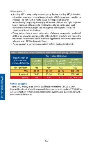402
INFECTIOUSDISEASE
When to start?
• Starting ART is very rarely an emergency. Before starting ART, intensive
education to parents, care-givers and older children-patients need to be
stressed. Do not start in haste as we may repent at leisure!
Assess family’s capacity to comply with often difficult and rigid regimens.
Stress that non-adherence to medications allows continuous viral
replication and encourages the emergence of drug resistance and
subsequent treatment failure.
• Young infants have a much higher risk of disease progression to clinical
AIDS or death when compared to older children or adults and hence the
treatment recommendations are more aggressive. Recommendation for
when to start ARV is shown in Table.
• Please consult a specialist/consultant before starting treatment.
WHO classification of HIV-associated immunodeficiency using CD4 count
Classification of
HIV-associated
Immunodeficiency
Age related CD4 values
 11 mths
(CD4 %)
12-35 mths
(CD4 %)
36-59 mths
(CD4 %)
≥5 years
(cells/mm³ or
CD4 %)
Not significant 35 30 25 500
Mild 30–35 25–30 20–25 350−499
Advanced 25–29 20−24 15−19 200−349
Severe 25 20 15 200 or 15%
Clinical categories
There are 2 widely used clinical classification systems i.e CDC’s 1994
Revised Paediatric Classification and the more recently updated WHO Clini-
cal Classification system. Both classification systems are quite similar with
only minor differences.
 