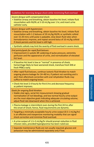 435
INFECTIOUSDISEASE
Guidelines for reversing dengue shock while minimizing fluid overload
Severe dengue with compensated shock:
• Stabilize airway and breathing, obtain baseline Hct level, initiate fluid
resuscitation with NS/RL at 5-10 mL/kg over 1 hr, and insert urine
catheter early.
Severe dengue with hypotension:
• Stabilize airway and breathing, obtain baseline Hct level, initiate fluid
resuscitation with 1-2 boluses of 20 mL/kg NS/RL or synthetic colloid
over 15-20 mins until pulse is palpable, slow down fluid rates when
hemodynamics improve, and repeat second bolus of 10 mL/kg colloid
if shock persists and Hct level is still high.
• Synthetic colloids may limit the severity of fluid overload in severe shock.
End points/goals for rapid fluid boluses:
• Improvement in systolic BP, widening of pulse pressure, extremity
perfusion and the appearance of urine, and normalization of elevated
Hct level.
• If baseline Hct level is low or “normal” in presence of shock,
hemorrhage likely to have worsened shock, transfuse fresh WB or
fresh PRBCs early.
• After rapid fluid boluses, continue isotonic fluid titration to match
ongoing plasma leakage for 24–48 hrs; if patient not vomiting and is
alert then aftershock correction with oral rehydration fluids may
suffice to match ongoing losses.
• Check Hct level 2-4 hourly for first 6 hrs and decrease frequency
as patient improves.
Goals for ongoing fluid titration:
• Stable vital signs, serial Hct measurement showing gradual
normalization (if not bleeding), and low normal hourly urine output
are the most objective goals indicating adequate circulating volume;
adjust fluid rate downward when this is achieved.
• Plasma leakage is intermittent even during the first 24 hrs after
the onset of shock; hence, fluid requirements are dynamic.
• Targeting a minimally acceptable hourly urine output (0.5-1 mL/kg/hr)
is an effective and inexpensive monitoring modality that can signal
shock correction and minimize fluid overload.
• A urine output of 1.5–2 mL/kg/hr should prompt reduction in fluid
infusion rates, provided hyperglycemia has been ruled out.
• Separate maintenance fluids are not usually required; glucose and
potassium may be administered separately only if low.
 