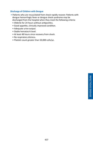 437
INFECTIOUSDISEASE
Discharge of Children with Dengue
• Patients who are resuscitated from shock rapidly recover. Patients with
dengue hemorrhagic fever or dengue shock syndrome may be
discharged from the hospital when they meet the following criteria:
• Afebrile for 24 hours without antipyretics.
• Good appetite, clinically improved condition.
• Adequate urine output.
• Stable hematocrit level.
• At least 48 hours since recovery from shock.
• No respiratory distress.
• Platelet count greater than 50,000 cells/μL.
 