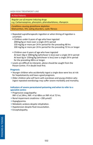 552
HIGH RISK TREATMENT LINE
At Risk Patients
Regular use of enzyme inducing drugs
e.g. Carbamazepines, phenytoin, phenobarbitone, rifampicin
Conditions causing glutathione depletion
Malnutrition, HIV, eating disorders, cystic fibrosis
• Repeated supratherapeutic ingestion or when timing of ingestion is
uncertain:
• Children under 6 years of age who have ingested
200mg/kg or more over a single 24 hr period
150 mg/kg or more per 24 hr period for the preceding 48 hrs
100 mg/kg or more per 24 hr period for the preceding 72 hrs or longer
• Children over 6 years of age who have ingested
At least 10g or 200mg/kg (whichever is less) over a single 24 hr period
At least 6g or 150mg/kg (whichever is less) over a single 24 hr period
for the preceding 48hrs or longer.
• Levels are difficult to interpret, advice should be sought from the
Poison Centre. If in doubt treat first.
Prognosis
• Younger children who accidentally ingest a single dose were less at risk
for hepatotoxicity and have a good prognosis.
• Older children who self harm with overdoses and young children who
ingest repeated overdosings may suffer severe morbidity and mortality.
Indicators of severe paracetamol poisoning and when to refer to a
specialist centre:
• Progressive coagulopathy:
INR 2 at 24hrs, INR  4 at 48hrs or INR 6 at 72 hrs.
• Renal impairment creatinine  200 µmol/l.
• Hypoglycemia.
• Metabolic acidosis despite rehydration.
• Hypotension despite fluid resuscitation.
• Encephalopathy.
POISONSTOXINS
 