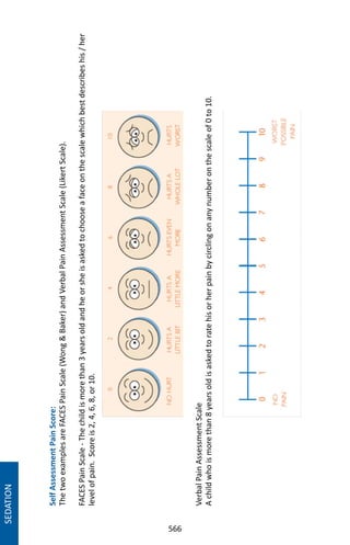 566
SelfAssessmentPainScore:
ThetwoexamplesareFACESPainScale(WongBaker)andVerbalPainAssessmentScale(LikertScale).
FACESPainScale-Thechildismorethan3yearsoldandheorsheisaskedtochooseafaceonthescalewhichbestdescribeshis/her
levelofpain.Scoreis2,4,6,8,or10.
VerbalPainAssessmentScale
Achildwhoismorethan8yearsoldisaskedtoratehisorherpainbycirclingonanynumberonthescaleof0to10.
SEDATION
 