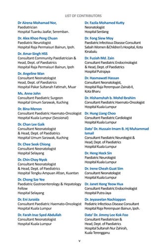 v
LIST OF CONTRIBUTORS
Dr. Fazila Mohamed Kutty
Neonatologist
HospitalSerdang
Dr. Fong Siew Moy
PaediatricInfectiousDiseaseConsultant
SabahWomen&Children’sHospital,Kota
Kinabalu
Dr. Fuziah Md. Zain
ConsultantPaediatricEndocrinologist
&Head,Dept.ofPaediatrics
HospitalPutrajaya
Dr. Hasmawati Hassan
ConsultantNeonatologist,
HospitalRajaPerempuanZainabII,
KotaBharu
Dr. Hishamshah b. Mohd Ibrahim
ConsultantPaediatricHaemato-Oncologist
HospitalKualaLumpur
Dr. Hung Liang Choo
ConsultantPaediatricCardiologist
HospitalKualaLumpur
Dato’ Dr. Hussain Imam B. Hj Muhammad
Ismail
ConsultantPaediatricNeurologist&
Head,Dept.ofPaediatrics
HospitalKualaLumpur
Dr. Heng Hock Sin
PaediatricNeurologist
HospitalKualaLumpur
Dr. Irene Cheah Guat Sim
ConsultantNeonatologist
HospitalKualaLumpur
Dr. Janet Hong Yeow Hua
ConsultantPaediatricEndocrinologist
HospitalPutraJaya
Dr. Jeyaseelan Nachiappan
PediatricInfectiousDiseaseConsultant
HospitalRajaPerempuanBainun,Ipoh.
Dato’ Dr. Jimmy Lee Kok Foo
ConsultantPaediatrician&
Head,Dept.ofPaediatrics
HospitalSultanahNurZahirah,
KualaTerengganu
Dr Airena Mohamad Nor,
Paediatrician
Hospital Tuanku Jaafar, Seremban.
Dr. Alex Khoo Peng Chuan
Paediatric Neurologist
Hospital Raja Permaisuri Bainun, Ipoh.
Dr. Amar-Singh HSS
Consultant Community Paediatrician &
Head, Dept. of Paediatrics
Hospital Raja Permaisuri Bainun, Ipoh
Dr. Angeline Wan
Consultant Neonatologist
Head, Dept. of Paediatrics
Hospital Pakar Sultanah Fatimah, Muar
Ms. Anne John
Consultant Paediatric Surgeon
Hospital Umum Sarawak, Kuching
Dr. Bina Menon
Consultant Paediatric Haemato-Oncologist
Hospital Kuala Lumpur (Sessional)
Dr. Chan Lee Gaik
Consultant Neonatologist
& Head, Dept. of Paediatrics
Hospital Umum Sarawak, Kuching
Dr. Chee Seok Chiong
Consultant Neonatologist
Hospital Selayang
Dr. Chin Choy Nyok
Consultant Neonatologist
& Head, Dept. of Paediatrics
Hospital Tengku Ampuan Afzan, Kuantan
Dr. Chong Sze Yee
Paediatric Gastroenterology & Hepatology
Fellow
Hospital Selayang
Dr. Eni Juraida
Consultant Paediatric Haemato-Oncologist
Hospital Kuala Lumpur
Dr. Farah Inaz Syed Abdullah
Consultant Neonatologist
Hospital Kuala Lumpur
 