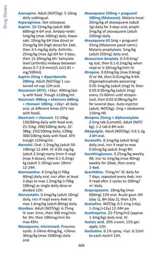604
Asenapine. Adult (NOT/kg): 5-10mg
daily sublingual.
Asparaginase. See colaspase.
Aspirin. 10-15mg/kg (adult 300-
600mg) 4-6H oral. Antipla¬telet:
5mg/kg (max 100mg) daily. Kawa-
saki: 10mg/kg 6H (low dose) or
25mg/kg 6H (high dose) for 2wk,
then 3-5 mg/kg daily. Arthritis:
25mg/kg (max 2g) 6H for 3 days,
then 15-20mg/kg 6H. Salicylate
level (arthritis) midway between
doses 0.7-2.0 mmol/L (x13.81 =
mg/100ml).
Aspirin 25mg + dipyridamole
200mg. Adult (NOT/kg) 1 sus-
tained rel cap 12H oral.
Atazanavir (ATV). 16yr: 400mg/dai-
ly with food. Trough ≥150ng/ml.
Atazinavir 400mg + efavirenz 600mg
+ ritonavir 100mg. 16yr: all daily
oral, at different times (EFV not
with food).
Atazinavir + ritonavir. 15-24kg:
150/80mg daily with food oral;
25-31kg: 200/100mg daily; 32-
38kg: 250/100mg daily; ≥39kg:
300/100mg daily with food. ATV
trough ≥150ng/ml.
Atenolol. Oral: 1-2mg/kg (adult 50-
100mg) 12-24H. IV: 0.05 mg/kg
(adult 2.5mg) every 5min if reqd
(max 4 doses), then 0.1-0.2mg/
kg (adult 5-10mg) over 10min
12-24H.
Atomoxetine. 0.5mg/kg (70kg
40mg) daily oral, incr after at least
3 days to max 1.2mg/kg (70kg
100mg) as single daily dose or
divided 12H.
Atorvastatin. 0.2mg/kg (adult 10mg)
daily, incr if reqd every 4wk to
max 1.6mg/kg (adult 80mg) daily.
Atosiban. Adult (NOT/kg): 6.75mg
IV over 1min, then 300 mcg/min
for 3hr, then 100mcg/min for
max 45hr.
Atovaquone, micronised. Pneumo-
cystis: 3-24mo 45mg/kg, 24mo
30mg/kg (max 1500mg) daily
oral.
Atovaquone 250mg + proguanil
100mg (Malarone). Malaria treat:
20mg/kg of atovaquone (adult
1g) daily for 3 days oral; proph:
5mg/kg of atovaquone (adult
250mg) daily.
Atovaquone 62.5mg + proguanil
25mg (Malarone paed¬iatric).
Malaria prophylaxis: 5mg/kg
(adult 250mg) daily oral.
Atracurium besylate. 0.3-0.6mg/
kg stat, then 0.1-0.2mg/kg when
reqd or 5-10mcg/kg/min IV.
Atropine. 0.02mg/kg (max 0.6mg)
IV or IM, then 0.01mg/kg 4-6H.
Organophosphate poisoning:
0.05-1mg/kg (adult 2mg) IV, then
0.02-0.05mg/kg (adult 2mg)
every 15-60min until atropin-
ised, then 0.02-0.08mg/kg/hr
for several days. Auto-injector
(adult, NOT/kg): 2mg + obidoxime
110mg IM.
Atropine 25mcg + diphenoxylate
2.5mg tab (Lomotil). Adult (NOT/
kg): 1-2 tab 6-8H oral.
Attapulgite. Adult (NOT/kg): 0.6-1.2g
3-6H oral.
Auranofin. 0.1mg/kg (adult 6mg)
daily oral, incr if reqd to max
0.05mg/kg (adult 3mg) 8H.
Aurothioglucose. 0.25mg/kg weekly
IM, incr to 1mg/kg (max 40mg)
weekly for 20wk, then every
1-4wk.
Azacitidine. 75mg/m2
SC daily for
7 days, repeated every 4wk; incr
if reqd after 2 cycles to 100mg/
m2
daily.
Azapropazone. 10mg/kg (max
600mg) 12H oral. Acute gout: 6H
(day 1), 8H (day 2), then 12H.
Azatadine. NOT/kg: 0.5-1mg (6y),
1-2mg (12y) 12-24H po.
Azathioprine. 25-75mg/m2 (approx
1-3mg/kg) daily oral, IV.
Azelaic acid. 20% cream, 15% gel:
apply 12H.
Azelastine. 0.1% spray, 5yr: 0.15ml
to each nostril 12H.
DrugDoses
 