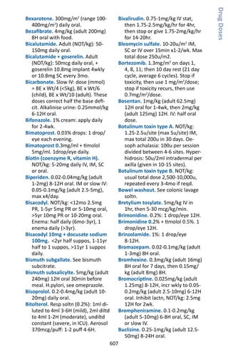 607
Bexarotene. 300mg/m2
(range 100-
400mg/m2
) daily oral.
Bezafibrate. 4mg/kg (adult 200mg)
8H oral with food.
Bicalutamide. Adult (NOT/kg): 50-
150mg daily oral.
Bicalutamide + goserelin. Adult
(NOT/kg): 50mcg daily oral, +
goserelin 10.8mg implant 4wkly
or 10.8mg SC every 3mo.
Bicarbonate. Slow IV: dose (mmol)
= BE x Wt/4 (5kg), BE x Wt/6
(child), BE x Wt/10 (adult). These
doses correct half the base defi-
cit. Alkalinise urine: 0.25mmol/kg
6-12H oral.
Bifonazole. 1% cream: apply daily
for 2-4wk.
Bimatoprost. 0.03% drops: 1 drop/
eye each evening.
Bimatoprost 0.3mg/ml + timolol
5mg/ml. 1drop/eye daily.
Biotin (coenzyme R, vitamin H).
NOT/kg: 5-20mg daily IV, IM, SC
or oral.
Biperiden. 0.02-0.04mg/kg (adult
1-2mg) 8-12H oral. IM or slow IV:
0.05-0.1mg/kg (adult 2.5-5mg),
max x4/day.
Bisacodyl. NOT/kg: 12mo 2.5mg
PR, 1-5yr 5mg PR or 5-10mg oral,
5yr 10mg PR or 10-20mg oral.
Enema: half daily (6mo-3yr), 1
enema daily (3yr).
Bisacodyl 10mg + docusate sodium
100mg. 2yr half suppos, 1-11yr
half to 1 suppos, 11yr 1 suppos
daily.
Bismuth subgallate. See bismuth
subcitrate.
Bismuth subsalicylte. 5mg/kg (adult
240mg) 12H oral 30min before
meal. H.pylori, see omeprazole.
Bisoprolol. 0.2-0.4mg/kg (adult 10-
20mg) daily oral.
Bitolterol. Resp soltn (0.2%): 1ml di-
luted to 4ml 3-6H (mild), 2ml diltd
to 4ml 1-2H (moderate), undiltd
constant (severe, in ICU). Aerosol
370mcg/puff: 1-2 puff 4-6H.
Bivalirudin. 0.75-1mg/kg IV stat,
then 1.75-2.5mg/kg/hr for 4hr,
then stop or give 1.75-2mg/kg/hr
for 14-20hr.
Bleomycin sulfate. 10-20u/m2
IM,
SC or IV over 15min x1-2/wk. Max
total dose 250u/m2.
Bortezomib. 1.3mg/m2
on days 1,
4, 8, 11; then 10 day rest (21 day
cycle, average 6 cycles). Stop if
toxicity, then use 1 mg/m2
/dose;
stop if toxicity recurs, then use
0.7mg/m2
/dose.
Bosentan. 1mg/kg (adult 62.5mg)
12H oral for 1-4wk, then 2mg/kg
(adult 125mg) 12H. IV: half oral
dose.
Botulinum toxin type A. NOT/kg:
1.25-2.5u/site (max 5u/site) IM,
max total 200u in 30 days. Oe-
soph achalasia: 100u per session
divided between 4-6 sites. Hyper-
hidrosis: 50u/2ml intradermal per
axilla (given in 10-15 sites).
Botulinum toxin type B. NOT/kg:
usual total dose 2,500-10,000u,
repeated every 3-4mo if reqd.
Bowel washout. See colonic lavage
soltn.
Bretylium tosylate. 5mg/kg IV in
1hr, then 5-30 mcg/kg/min.
Brimonidine. 0.2%: 1 drop/eye 12H.
Brimonidine 0.2% + timolol 0.5%. 1
drop/eye 12H.
Brinzolamide. 1%: 1 drop/eye
8-12H.
Bromazepam. 0.02-0.1mg/kg (adult
1-3mg) 8H oral.
Bromhexine. 0.3mg/kg (adult 16mg)
8H oral for 7 days, then 0.15mg/
kg (adult 8mg) 8H.
Bromocriptine. 0.025mg/kg (adult
1.25mg) 8-12H, incr wkly to 0.05-
0.2mg/kg (adult 2.5-10mg) 6-12H
oral. Inhibit lactn, NOT/kg: 2.5mg
12H for 2wk.
Brompheniramine. 0.1-0.2mg/kg
(adult 5-10mg) 6-8H oral, SC, IM
or slow IV.
Buclizine. 0.25-1mg/kg (adult 12.5-
50mg) 8-24H oral.
DrugDoses
 